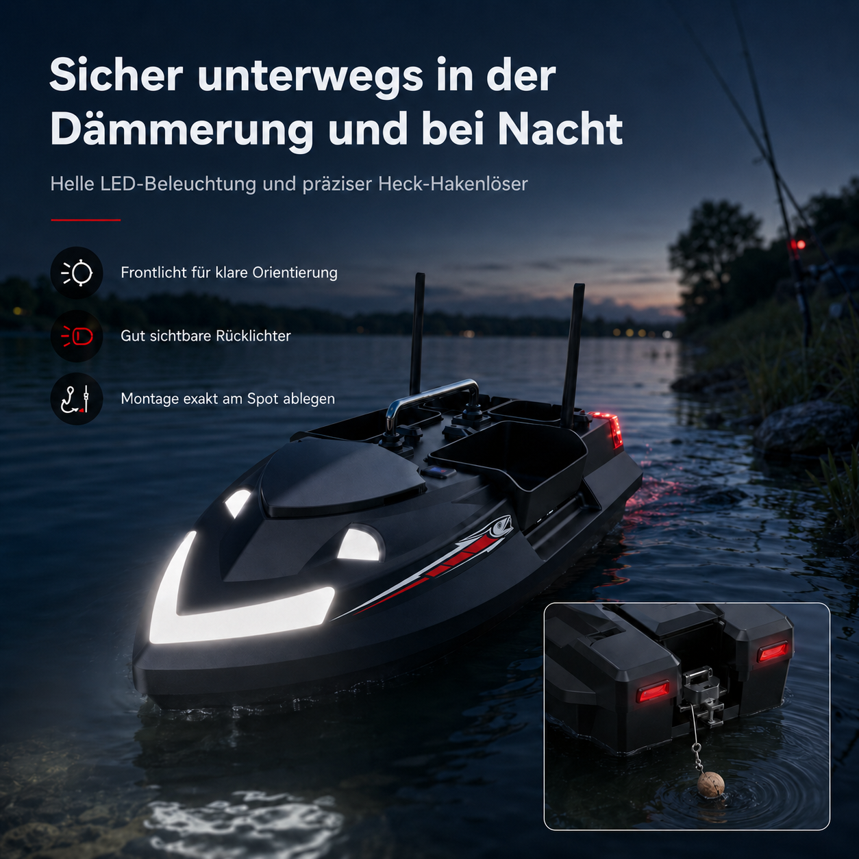 Ein schwarzes Fischerboot mit weißen und roten Lichtern auf dem Wasser bei Dämmerung.
