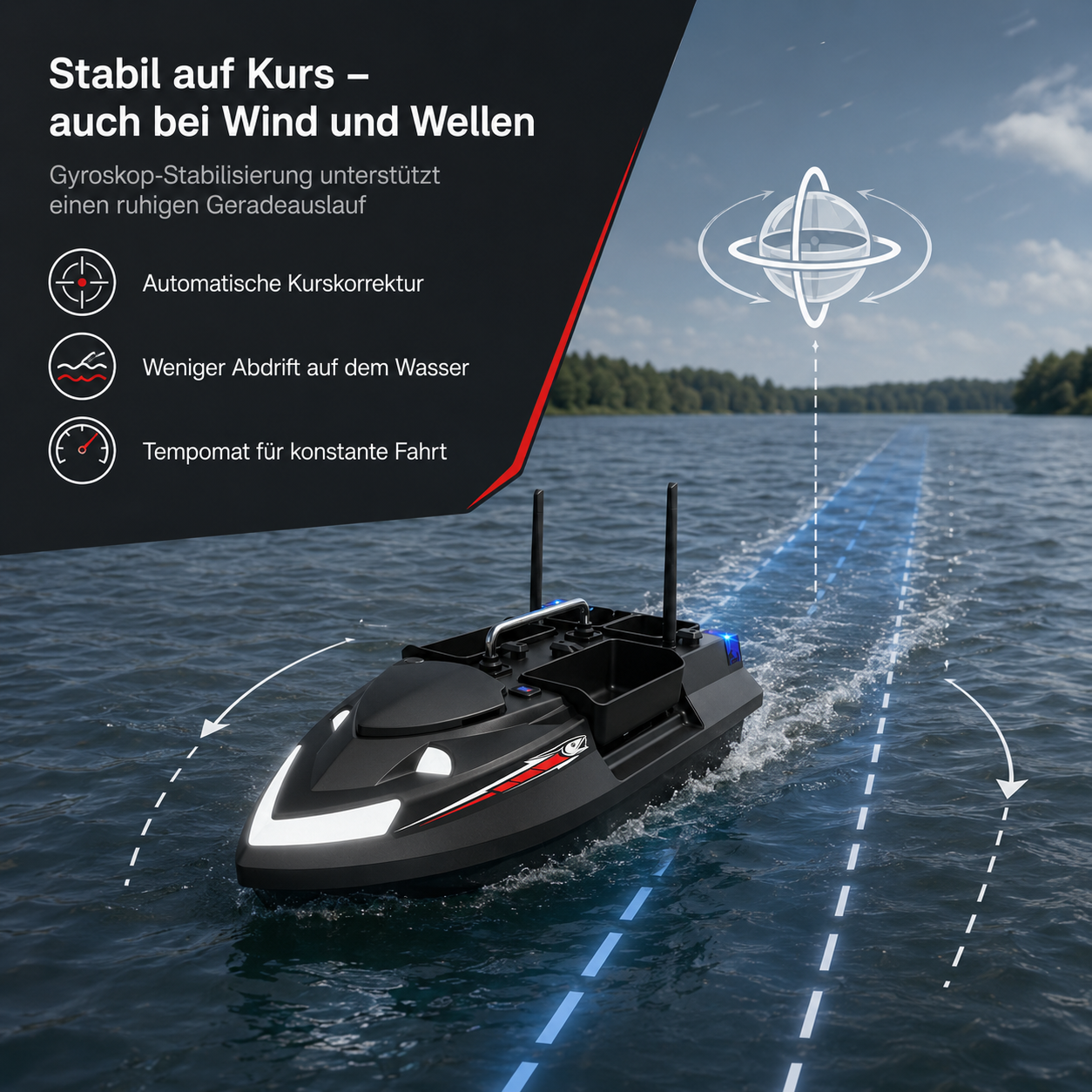 Ein schwarzes Boot fährt auf dem Wasser, mit Text über Stabilisierung.