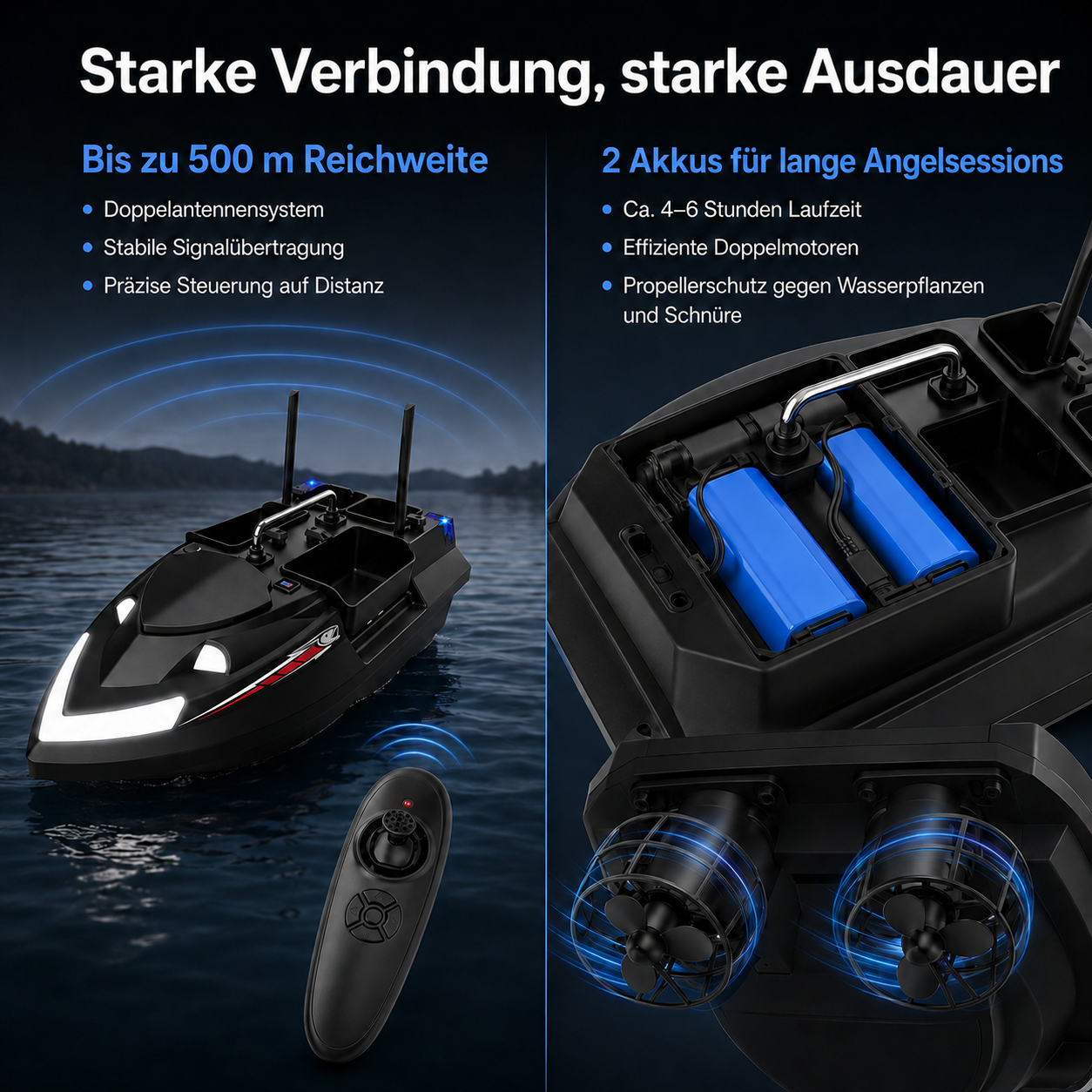 Ein schwarzes Angelköderboot mit Fernbedienung auf dem Wasser, Nahaufnahme der Akkus.