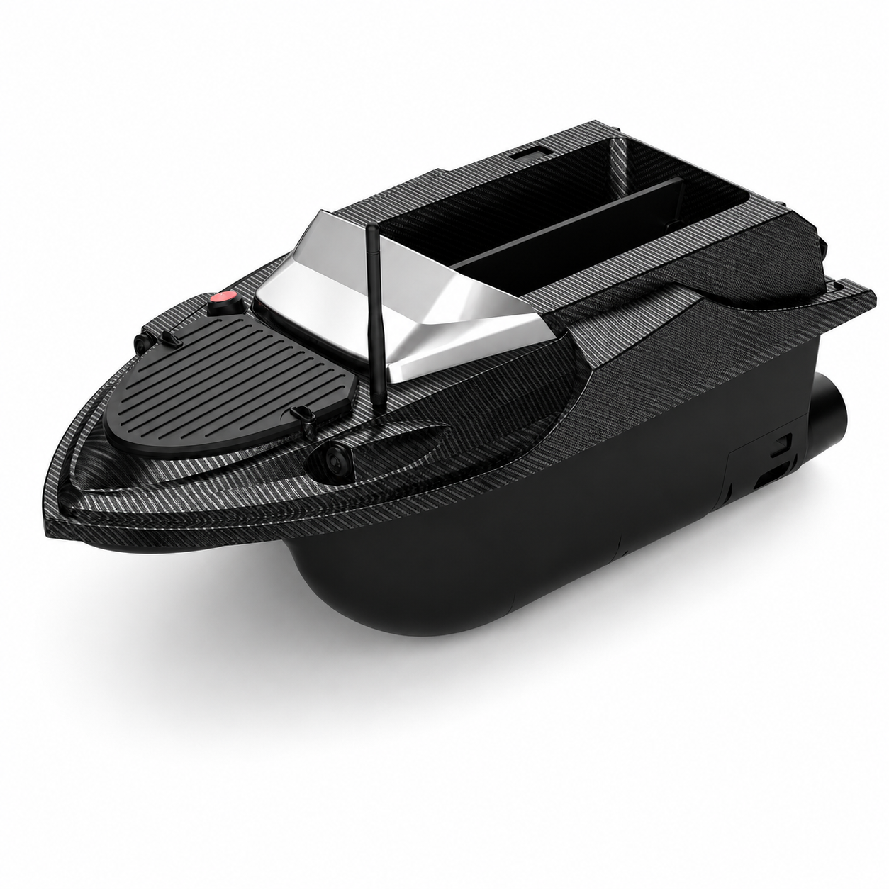 Ein schwarzes ferngesteuertes Köderboot mit silberner Windschutzscheibe und Antenne.