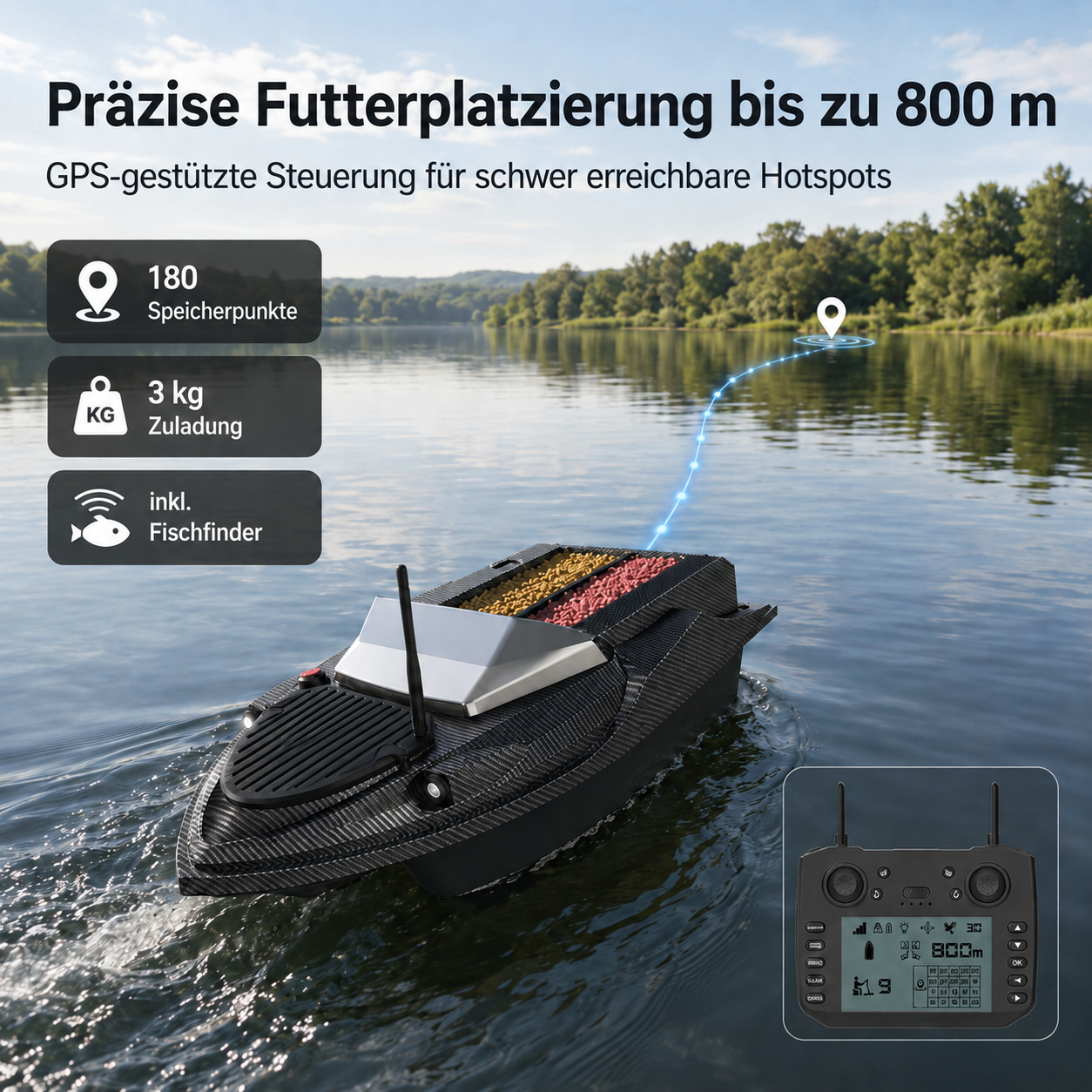 Ein ferngesteuertes Angelboot mit Köderbehältern auf einem See, mit Fernbedienung.