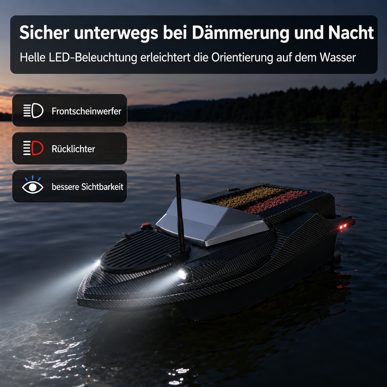 Ein schwarzes Angelköderboot mit LED-Scheinwerfern und Rückleuchten auf dem Wasser bei Nacht.