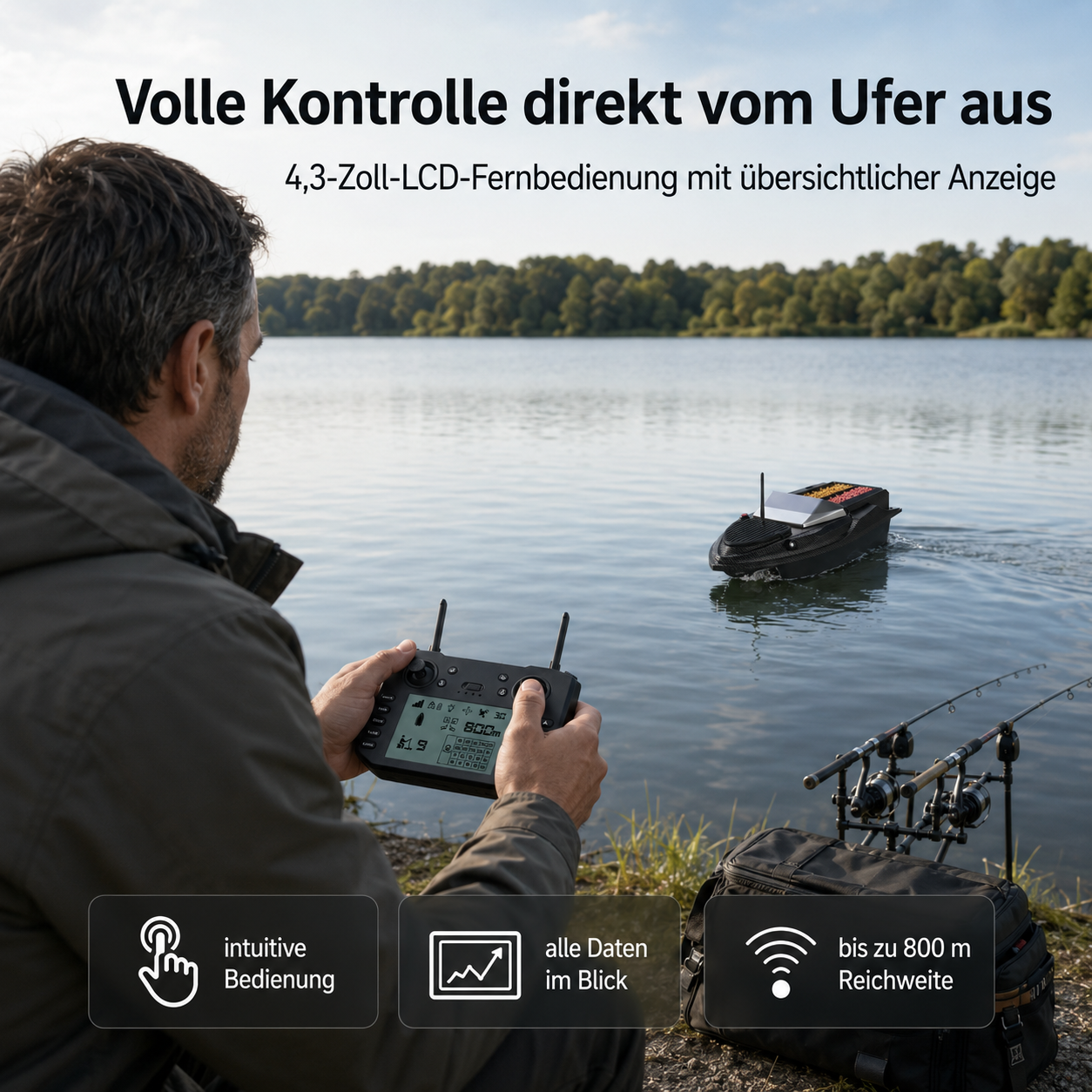 Mann bedient Angelboot-Fernsteuerung am Seeufer mit zwei Angelruten und Tasche.