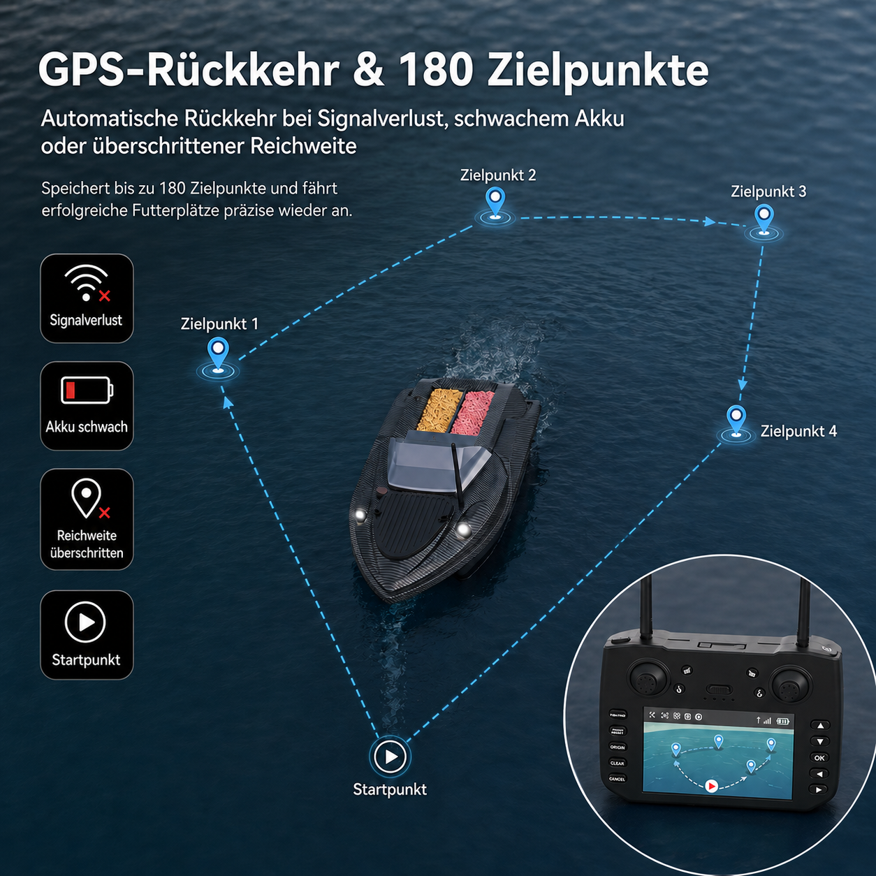 RC-Boot auf Wasser mit GPS-Route, Fernbedienung und Symbolen für Signalverlust.