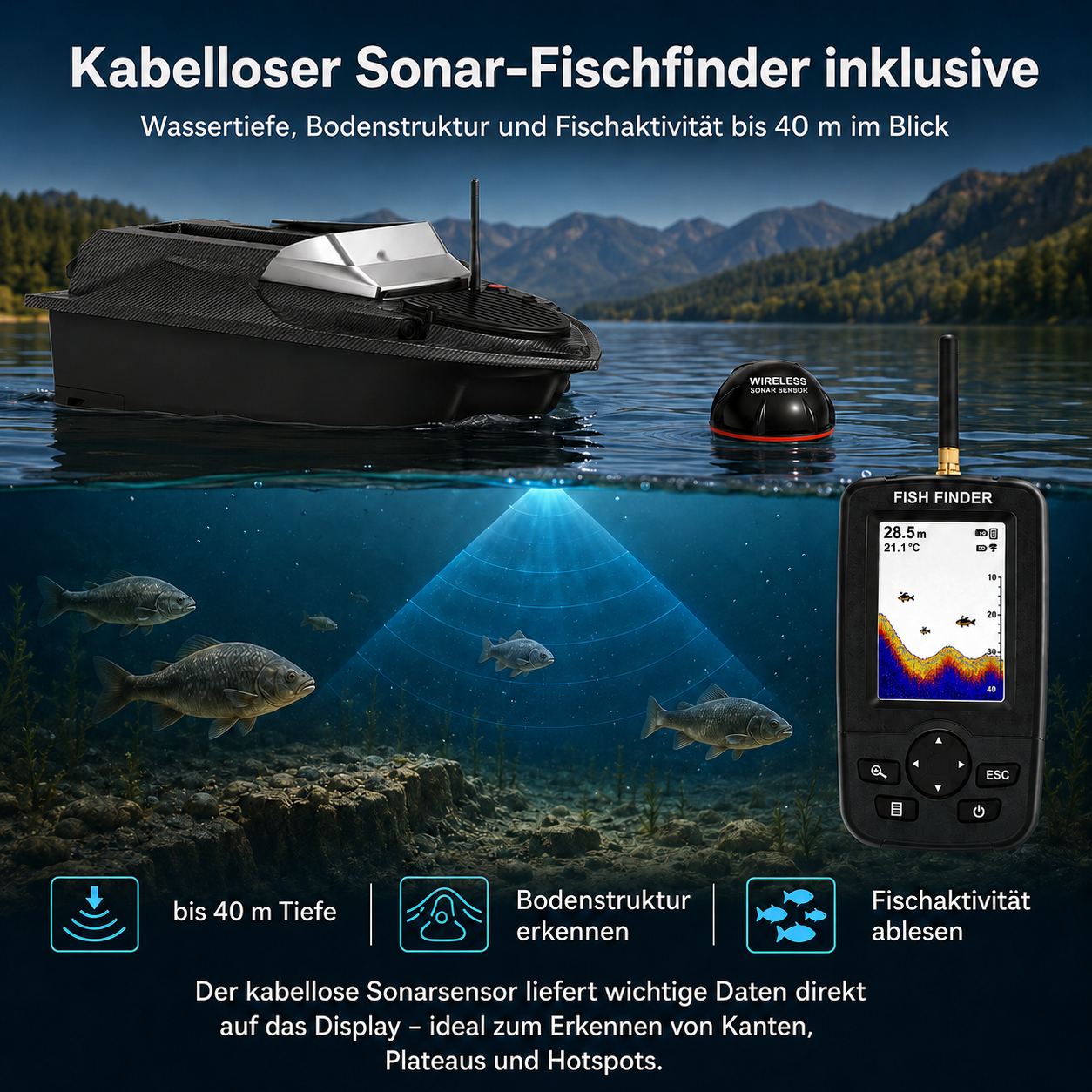 Ein Angelboot mit Sonarsensor zeigt Fische und Tiefen auf einem Display an.