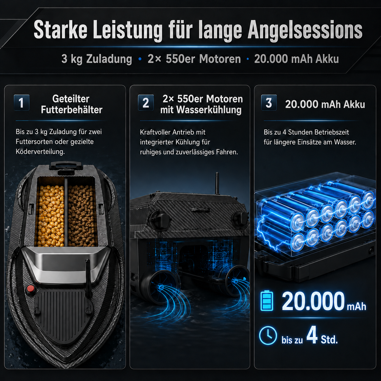 Ein Angelköderboot mit 3 kg Ladekapazität, 2x 550W Motoren und 20.000 mAh Akku.