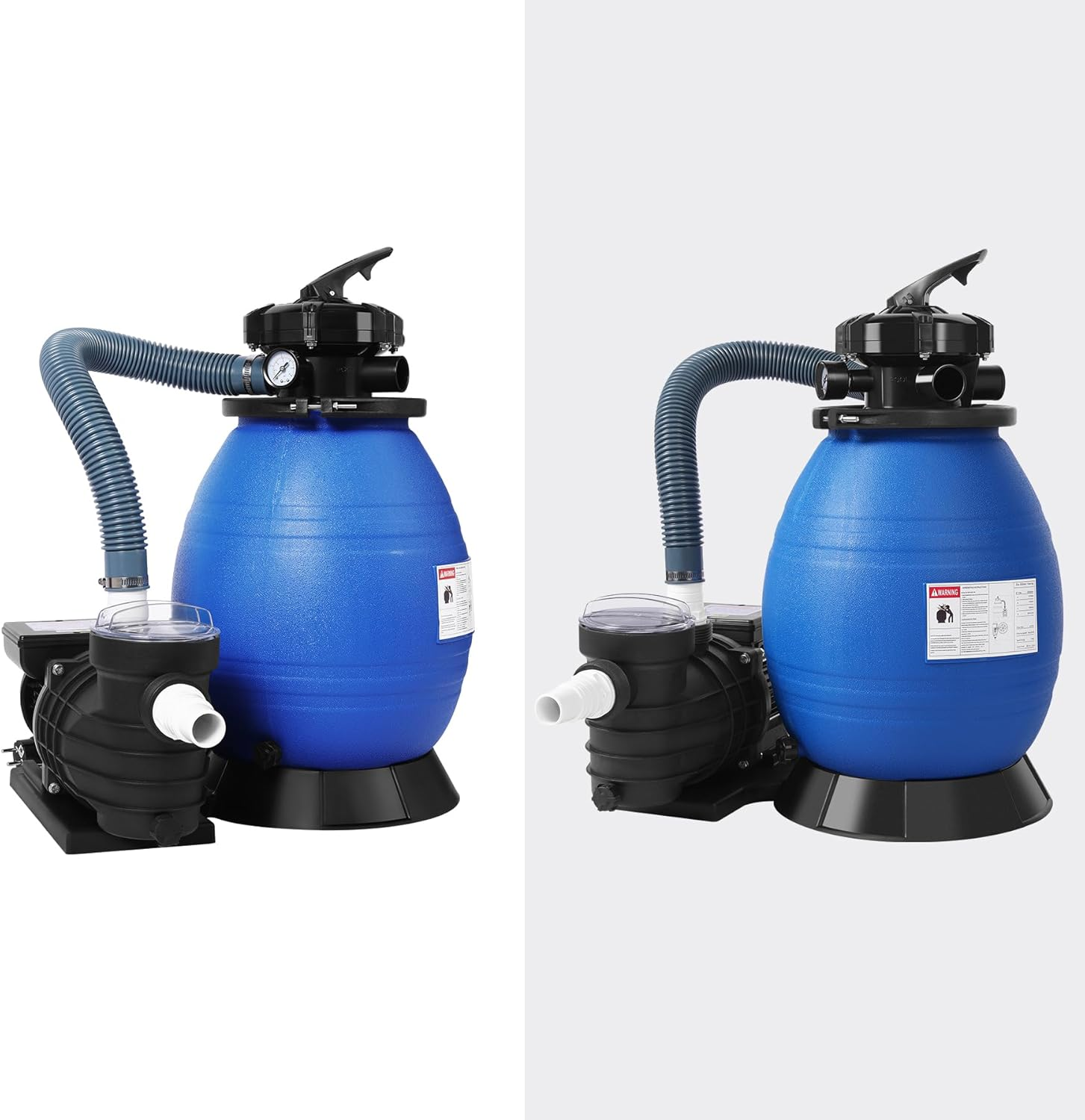 Blauer Poolfilter mit schwarzer Pumpe und Schlauch, Druckanzeige sichtbar.