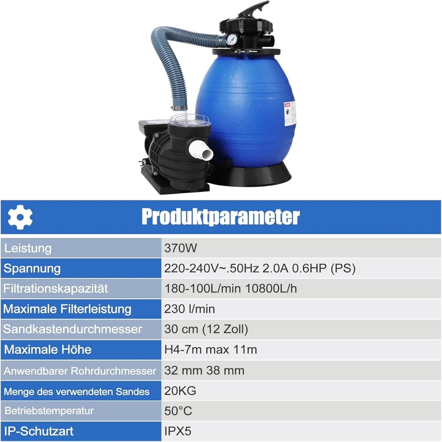 Ein blauer Sandfiltertank mit schwarzer Pumpe, verbunden durch einen Schlauch. Produktparameter unten aufgelistet.