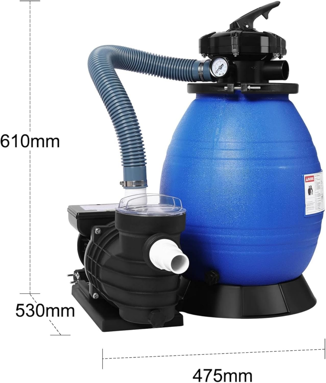 Blaue Sandfilteranlage mit schwarzer Pumpe und Schlauch. Maße angegeben.