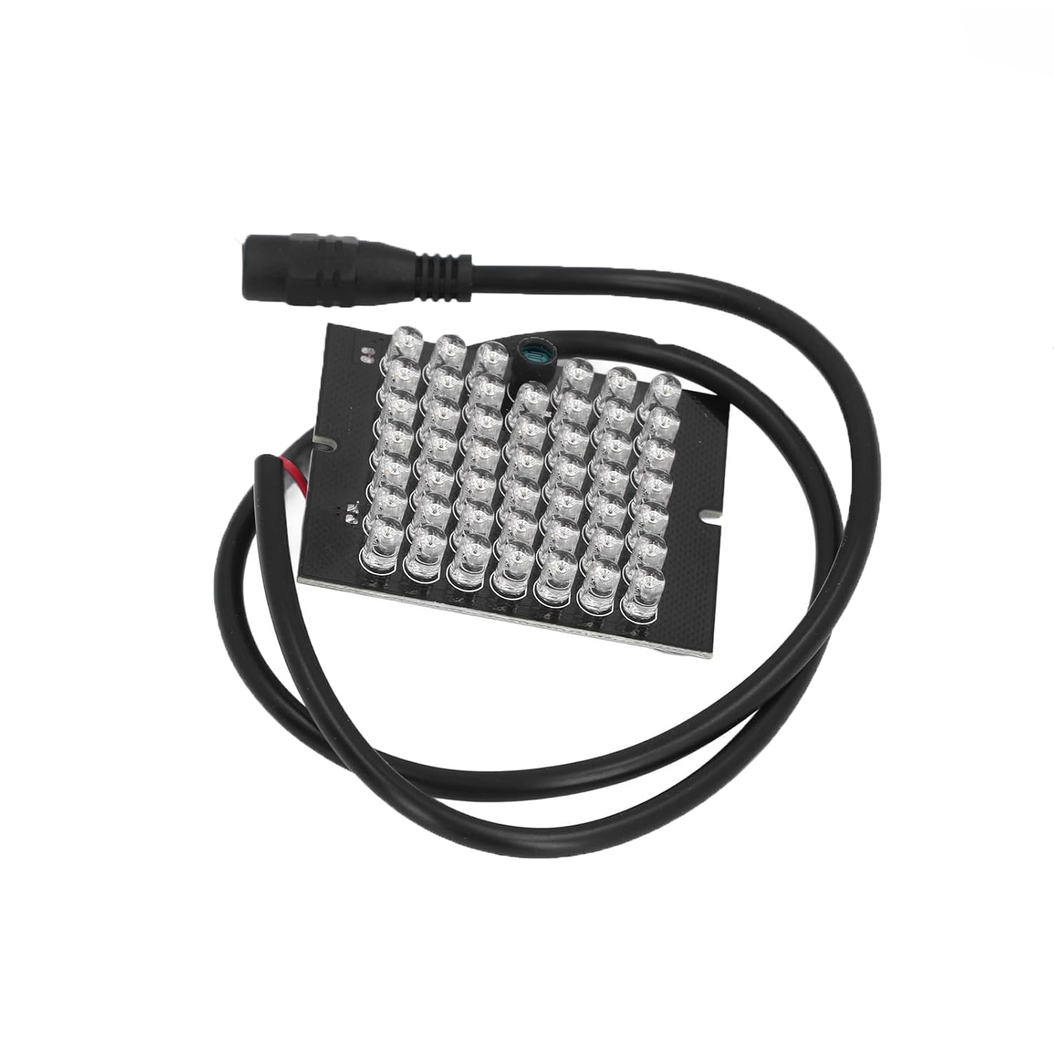 Ein schwarzes Leiterplattenmodul mit vielen kleinen LED-Leuchten und zwei Kabeln.