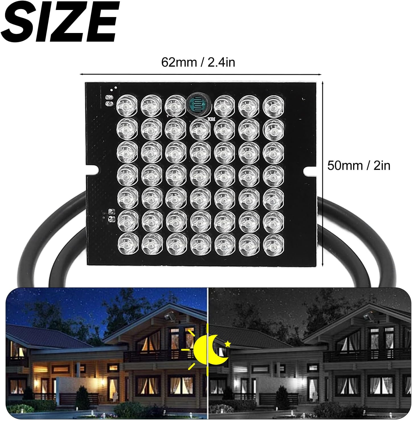 Ein 62x50mm LED-Array mit 36 LEDs und Infrarot-Nachtsicht-Beleuchtung für ein Haus.