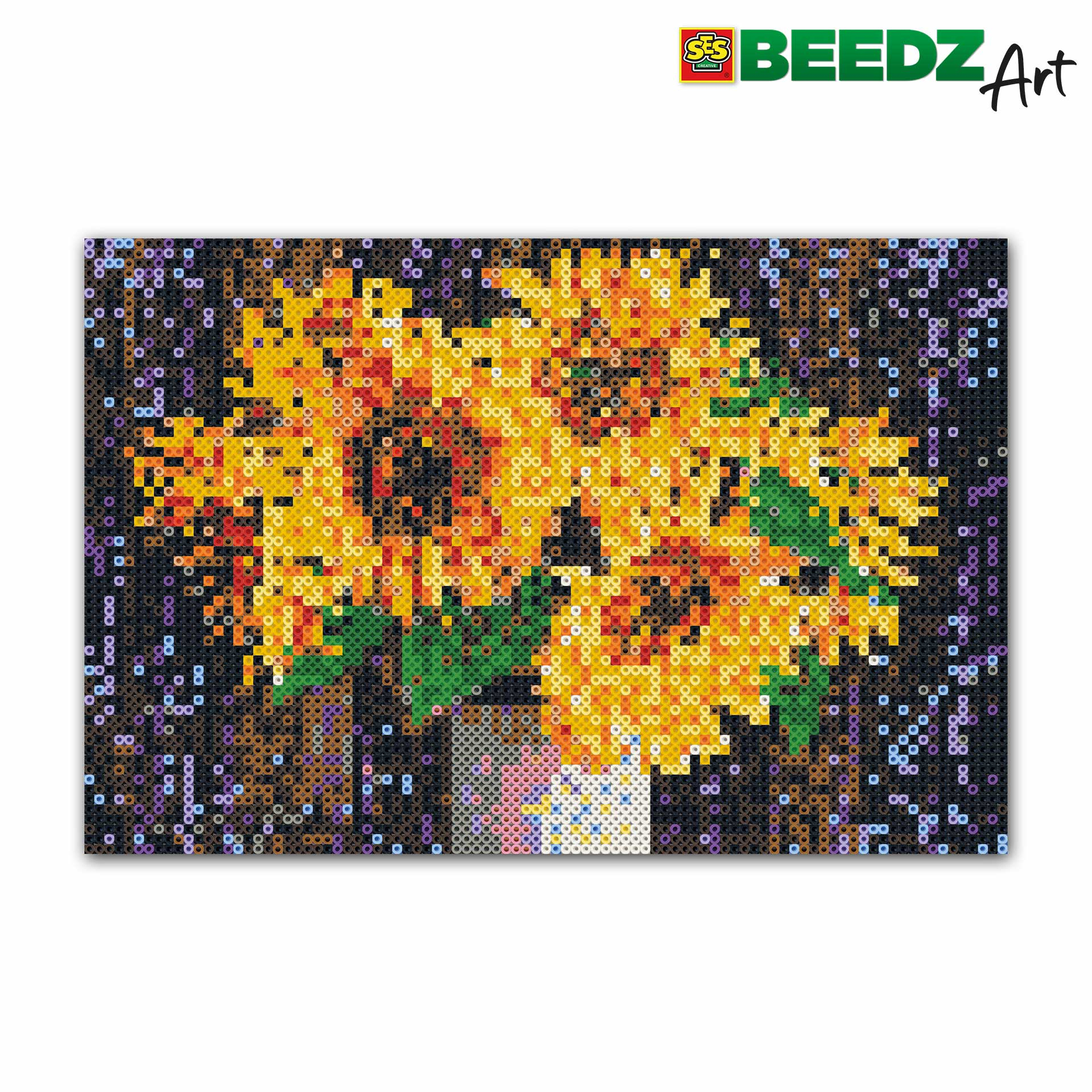 Pixelkunst-Blumenstrauß in einem Topf auf dunklem Hintergrund mit lila Akzenten.