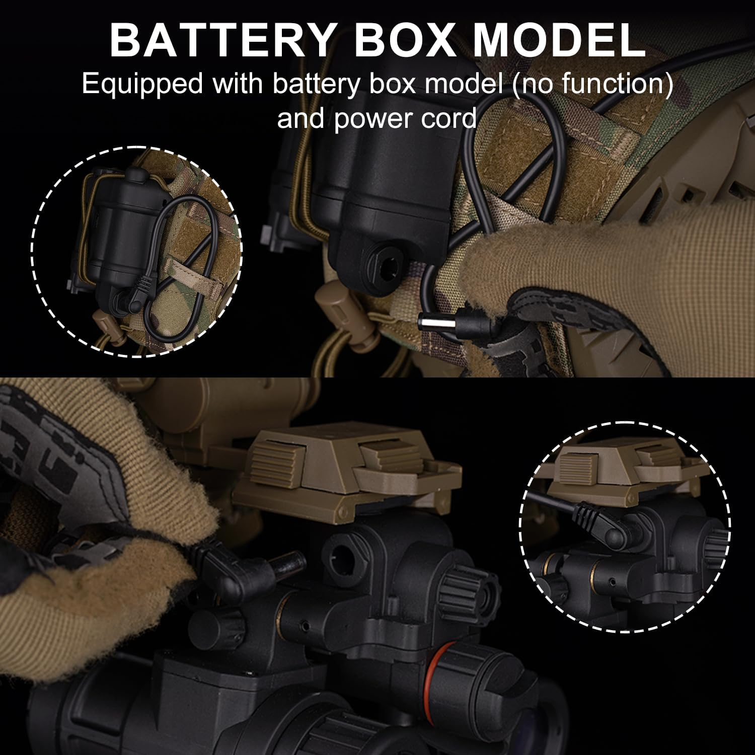 Nahaufnahme einer taktischen Ausrüstung mit Batteriebox und Kabel.