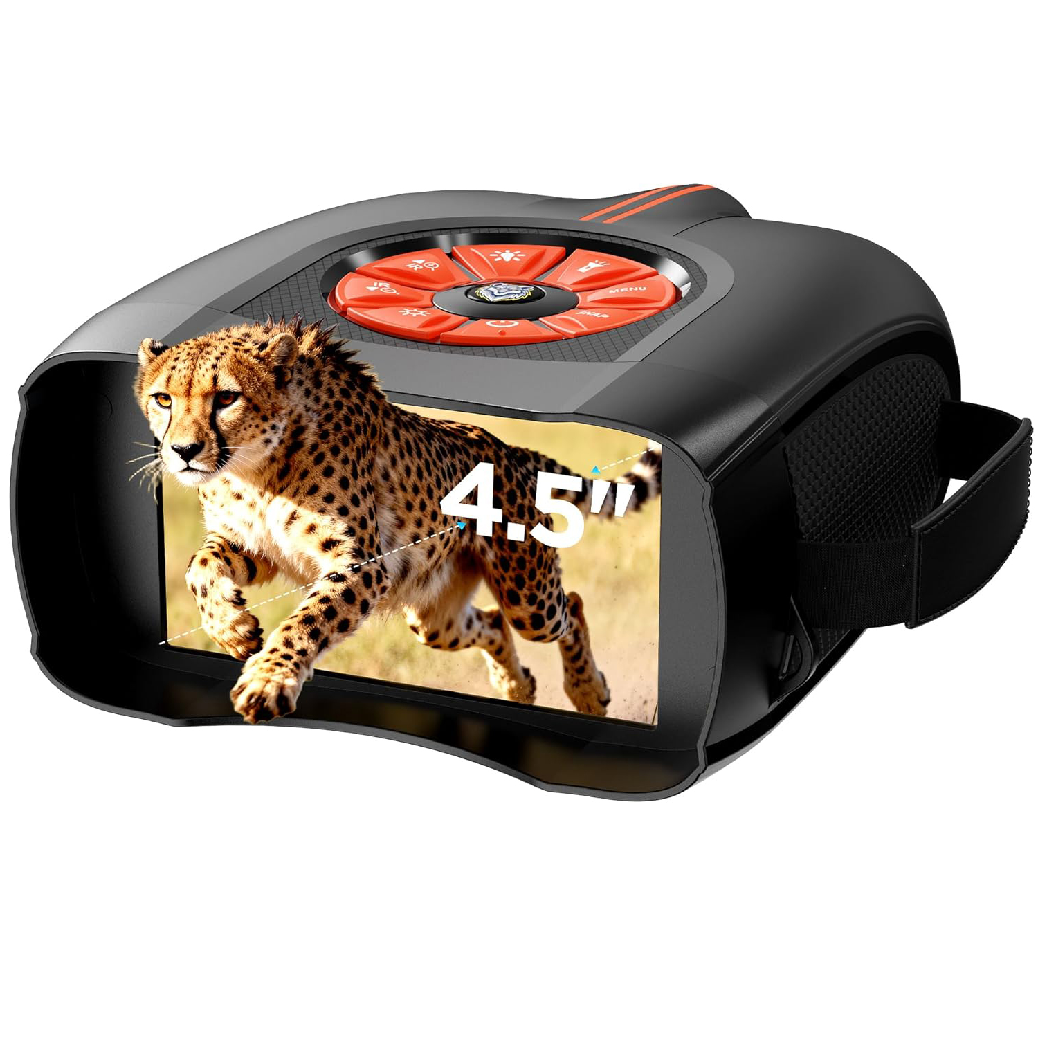 VR-Headset zeigt einen Geparden, der in einer Savanne rennt. Orange Knöpfe oben.