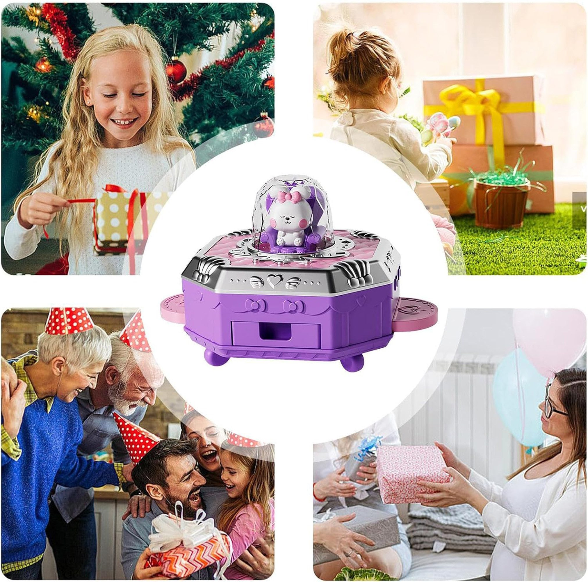 Collage mit Kindern und Erwachsenen, die Geschenke öffnen und feiern.