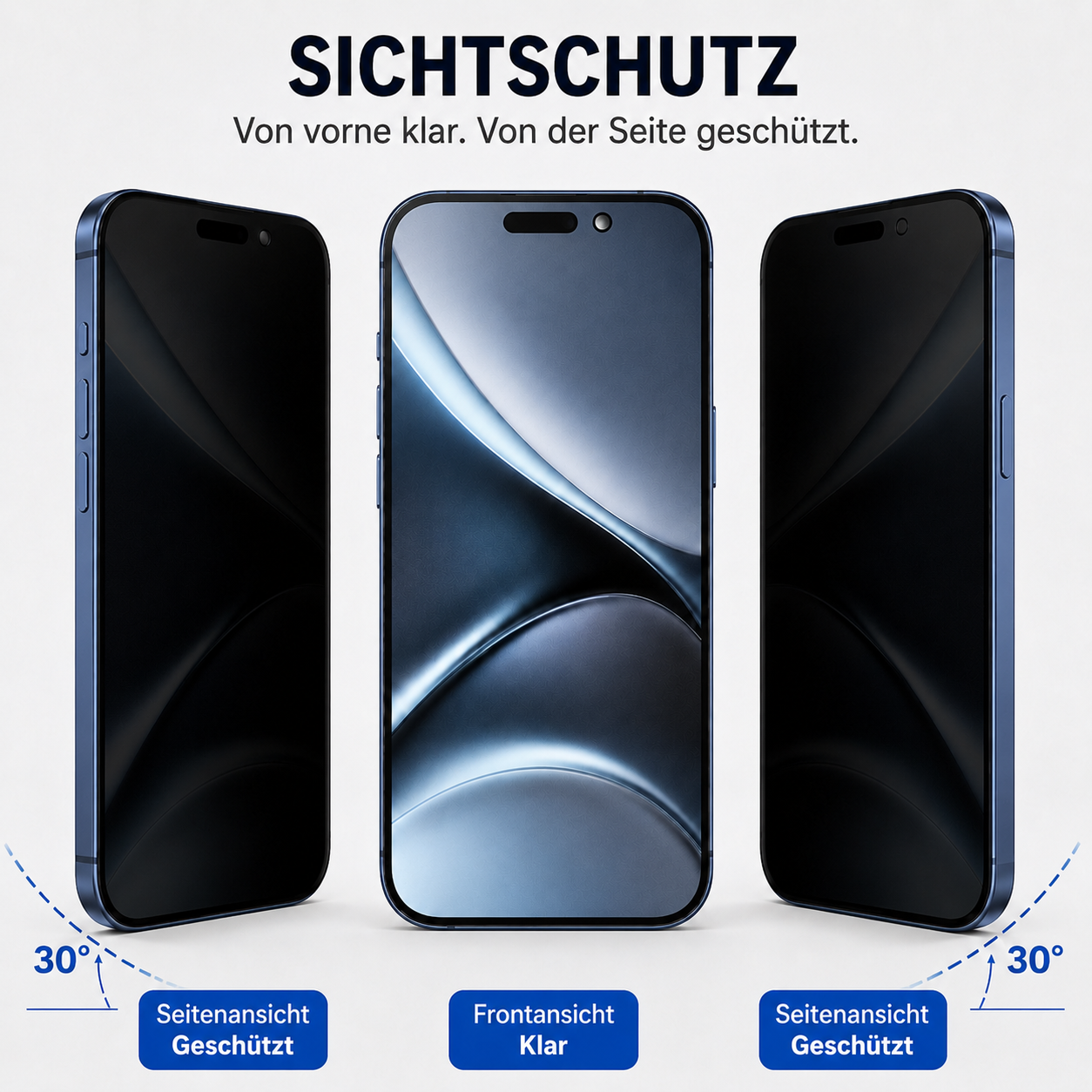 Drei Smartphones zeigen Sichtschutz: Von vorn klar, von der Seite geschützt.
