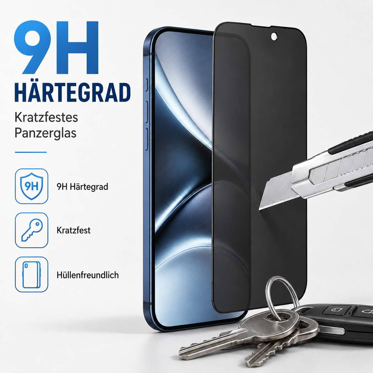 Displayschutzfolie mit 9H Härtegrad wird von einem Cuttermesser getestet.
