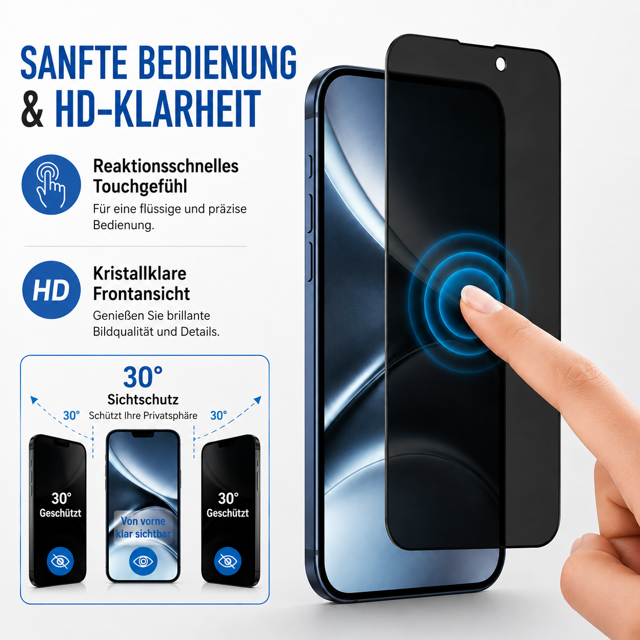Smartphone mit Displayschutzfolie, Touch-Bedienung und 30° Sichtschutz.