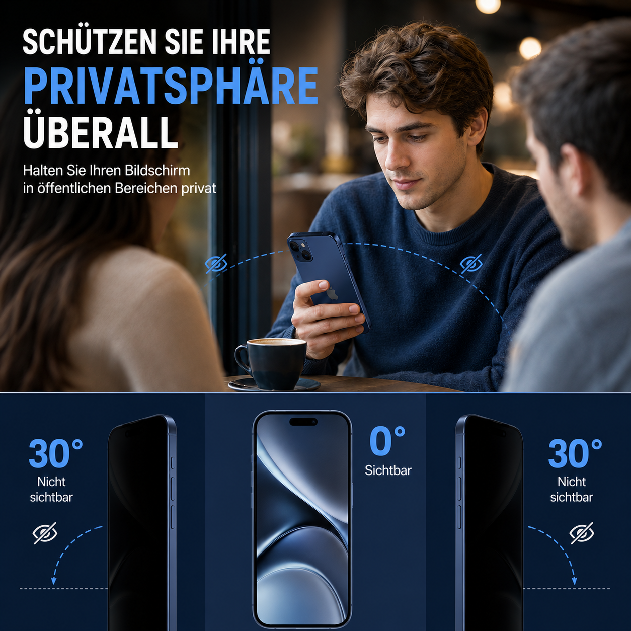 Mann schaut auf Handy, Privatsphäre-Schutz. Unten: Bildschirmansichten 30°, 0°, 30°.