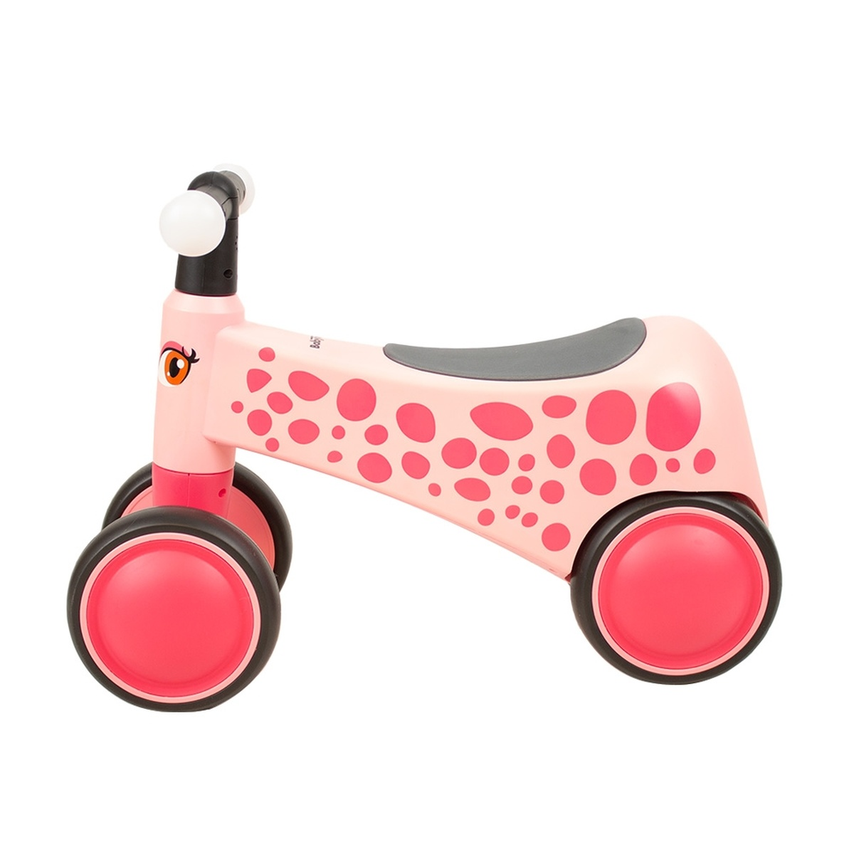 Ein rosafarbener Lauflernroller mit rosa Tupfen und einem grauen Sitz.