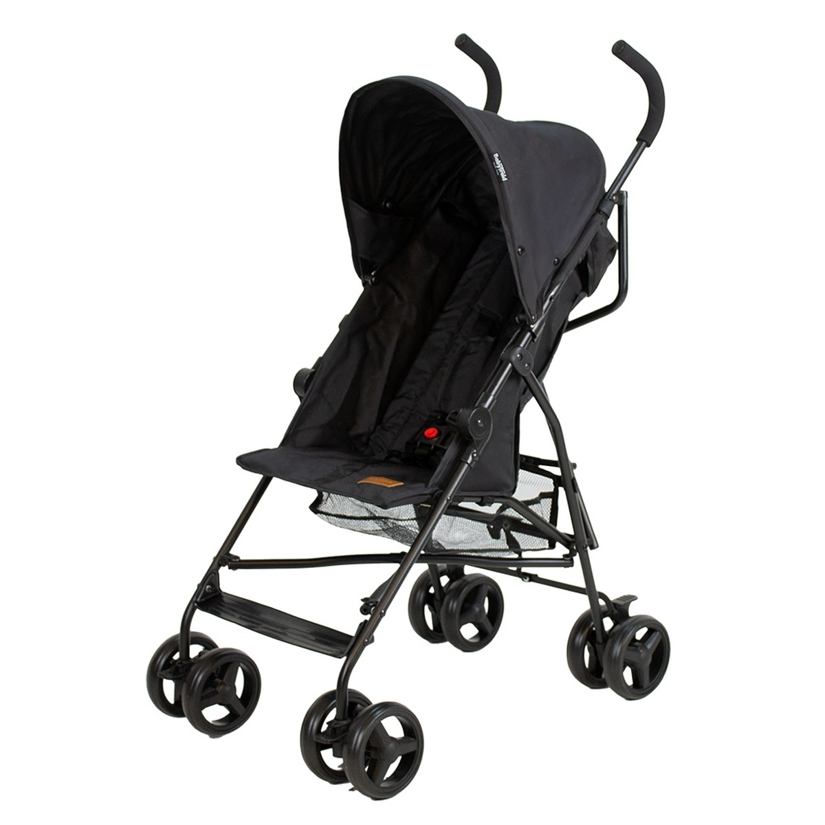 Ein schwarzer Kinderwagen mit vier Rädern und einem Verdeck.
