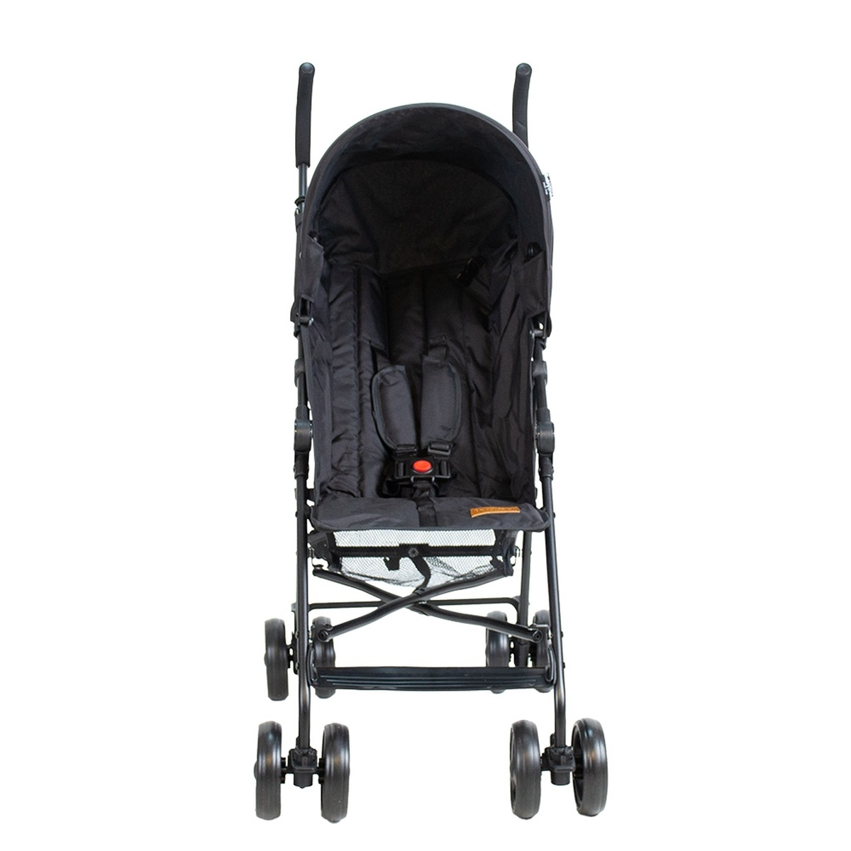Ein schwarzer Kinderwagen mit Sitz und Gurten, auf weißem Hintergrund.
