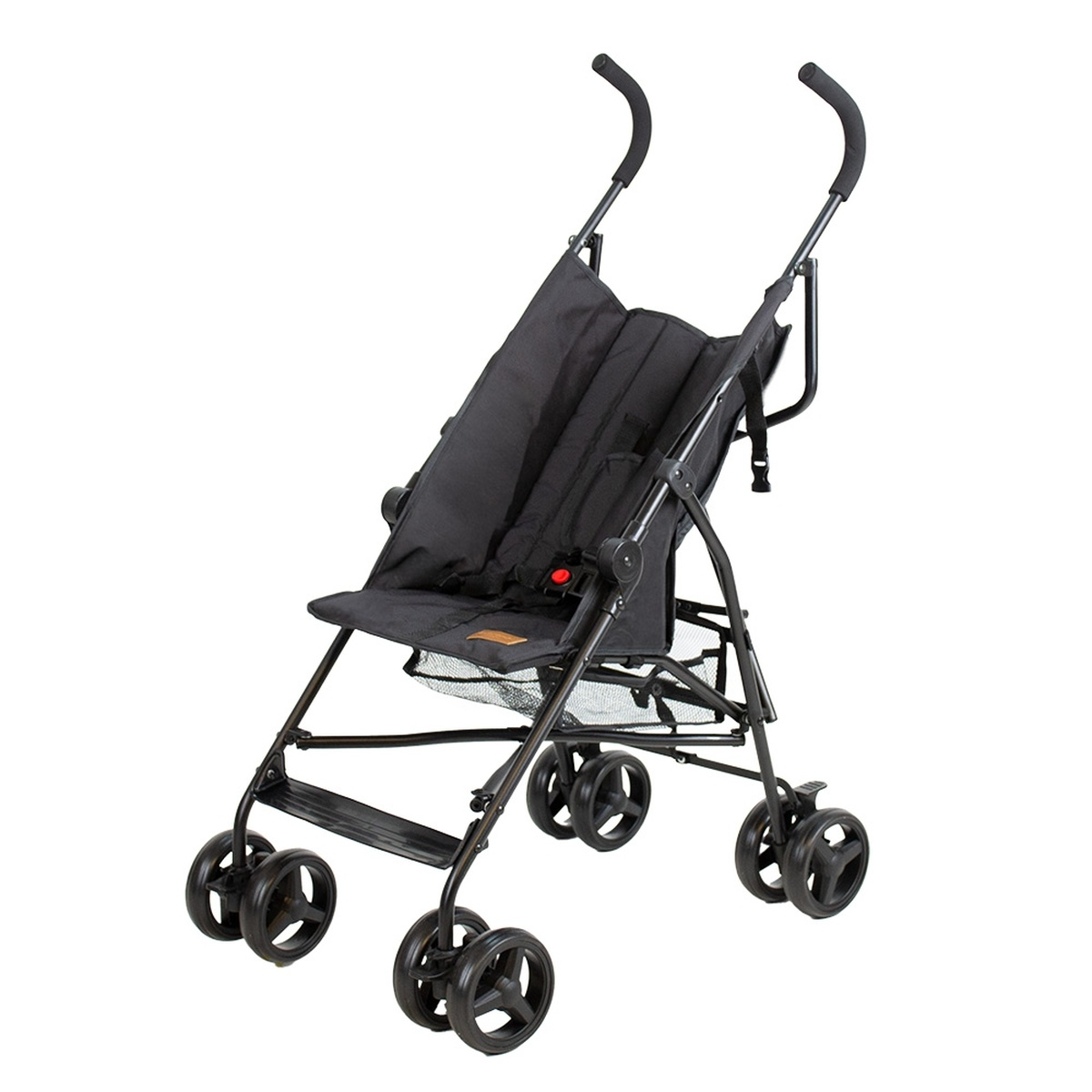 Ein schwarzer Kinderwagen mit verstellbarem Sitz und Gurten, auf weißem Hintergrund.