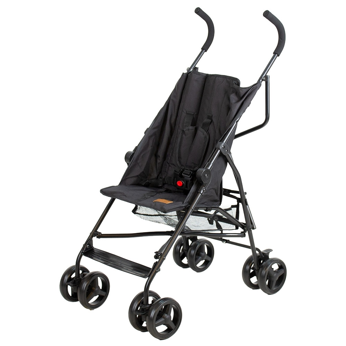 Ein schwarzer leichter Kinderwagen mit vier Rädern und einem Sitz mit Gurt.