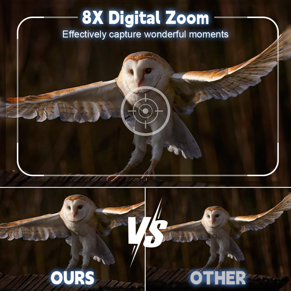Schleiereule im Flug, aufgenommen mit 8-fachem Digitalzoom, Vergleich 'Unser' vs 'Anderer'.