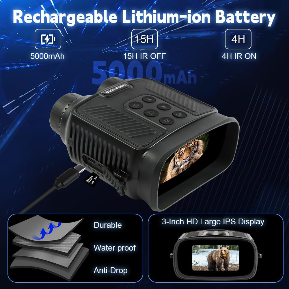 Nachtsichtgerät mit 5000mAh Akku, 3-Zoll-IPS-Display, Tiger-/Bärenbild.