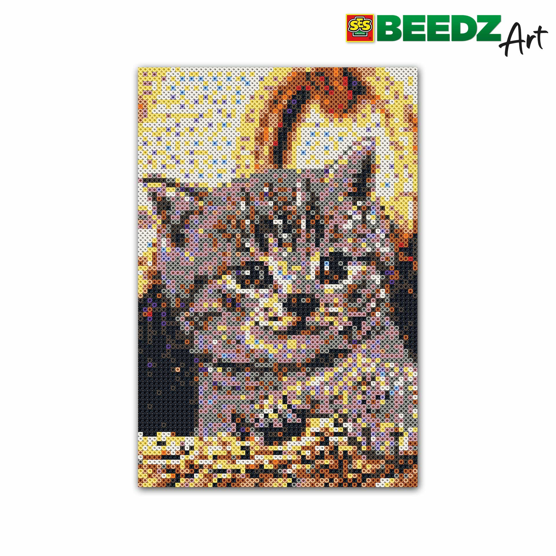 Pixelkunst-Porträt einer Katze mit braunem und grauem Fell und blauen Augen.