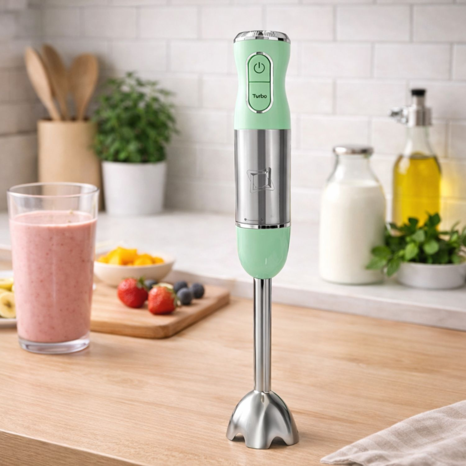 Un frullatore a immersione verde su un bancone di legno accanto a un bicchiere di frullato e frutta.