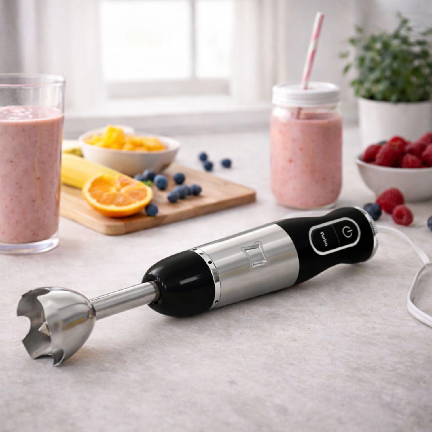 Un frullatore a immersione con frutta e frullati su un bancone.