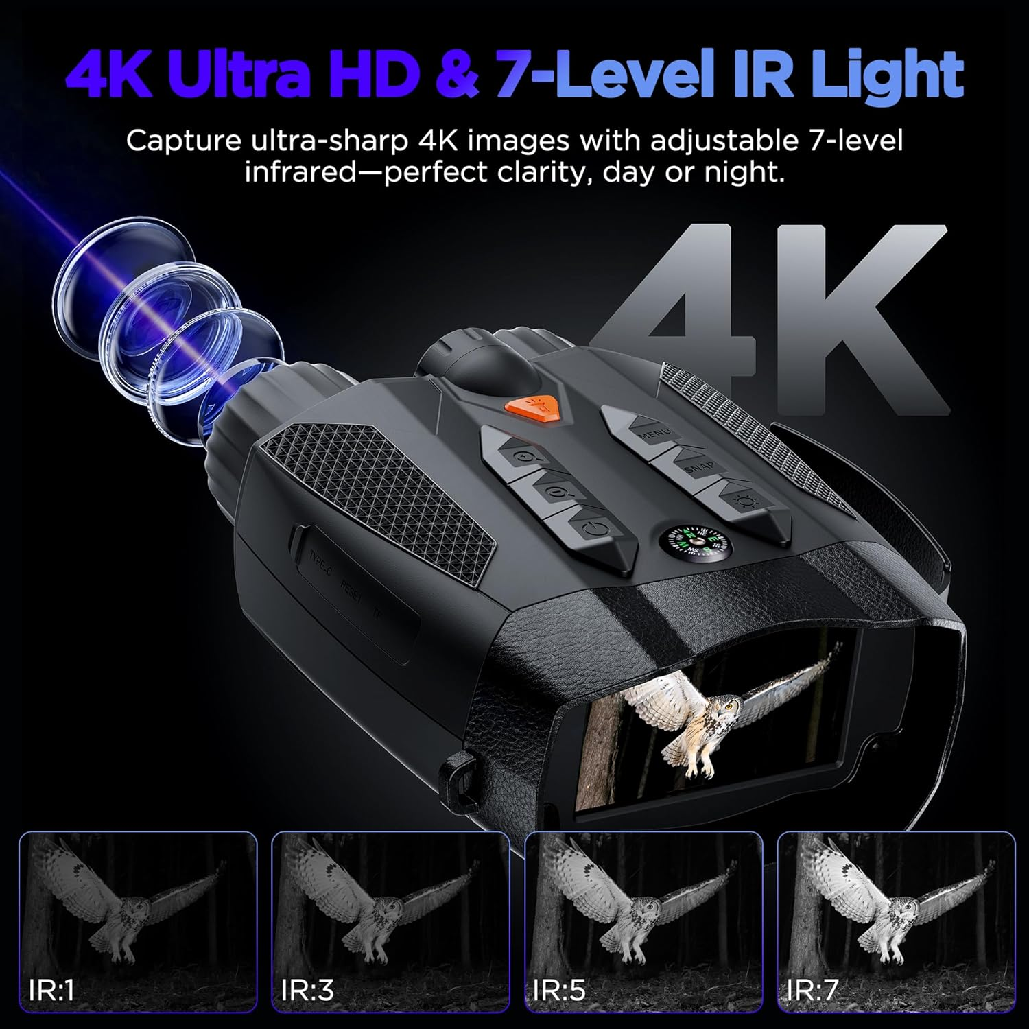 4K Nachtsichtfernglas mit 7stufigem IR-Licht, zeigt Eule in 4 Ansichten.