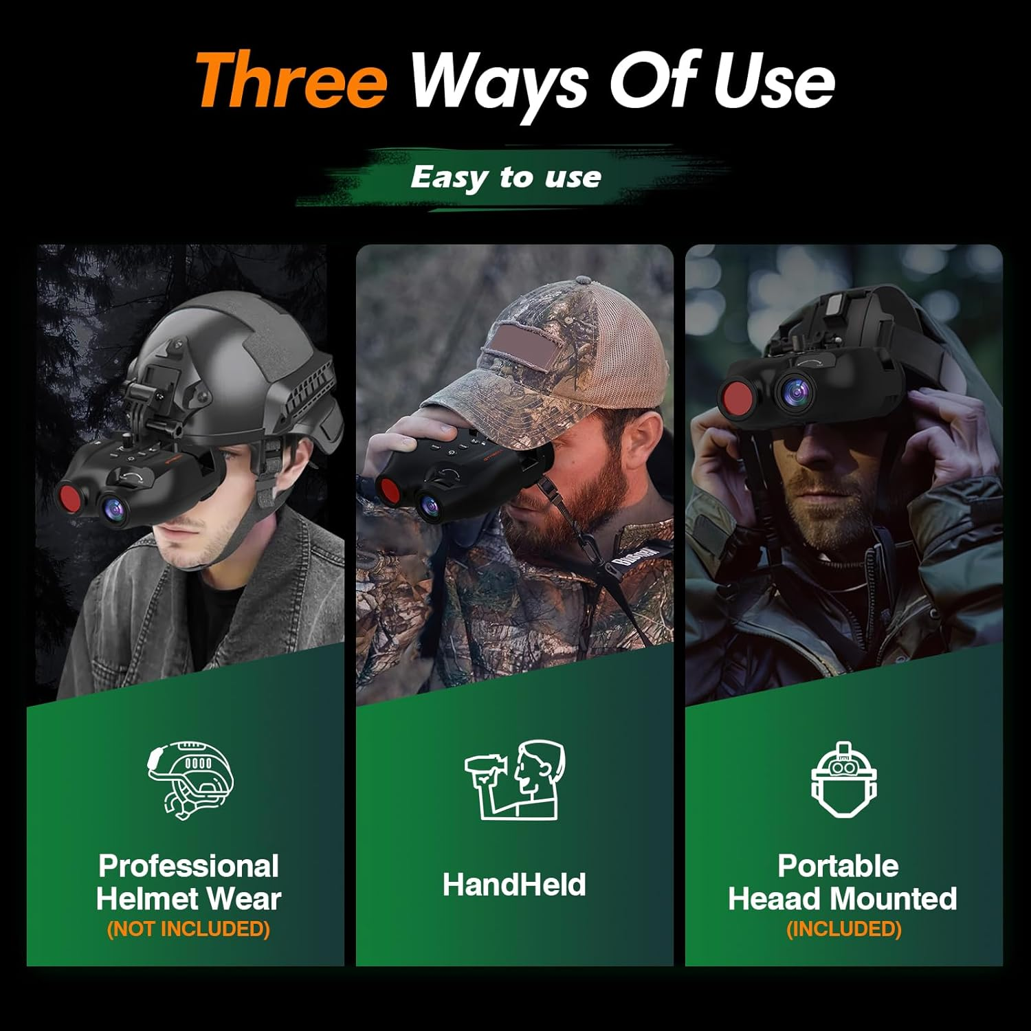 Drei Verwendungsarten: Helm, Handheld und am Kopf montiert.