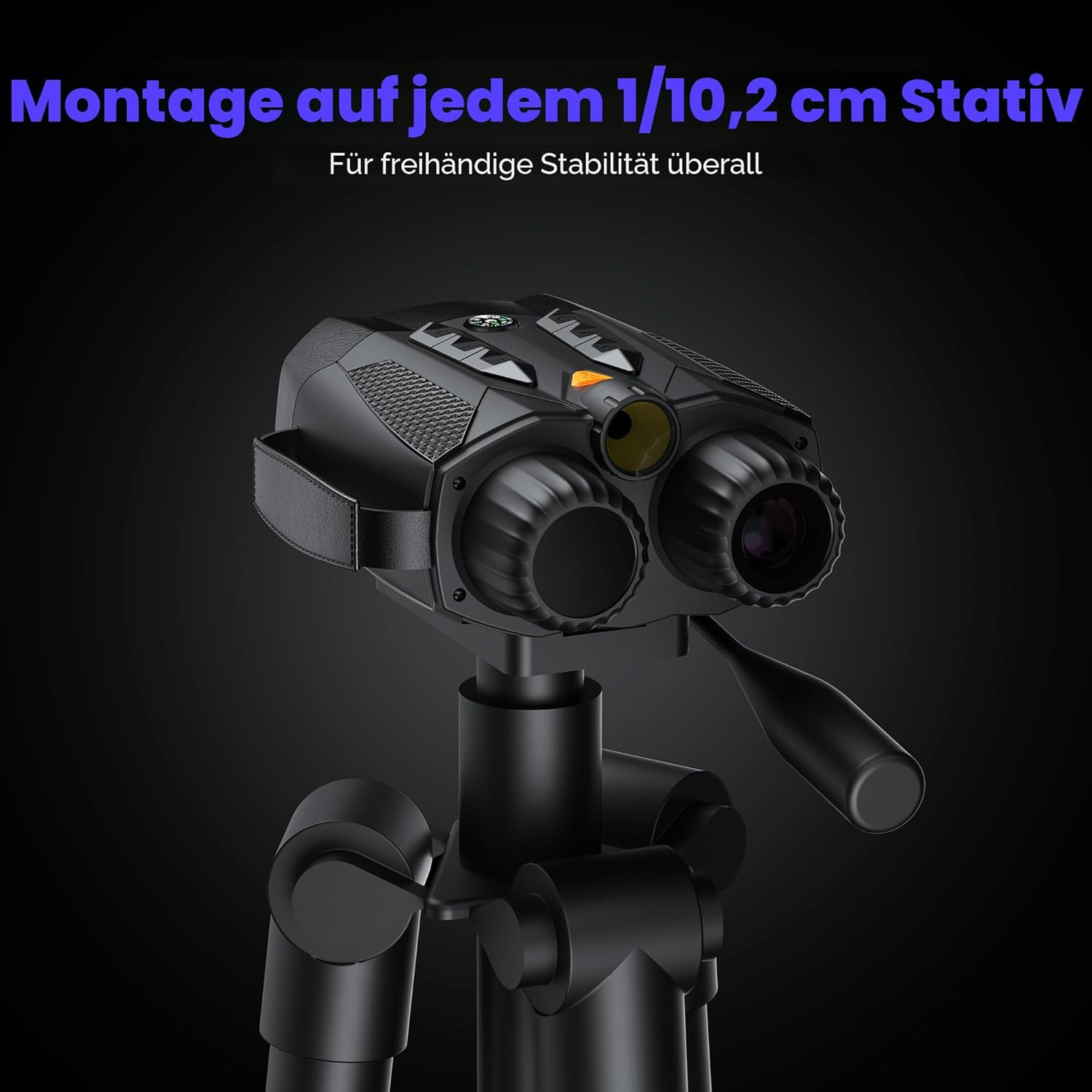 Schwarze Nachtsichtbrille auf einem Stativ, dunkler Hintergrund.