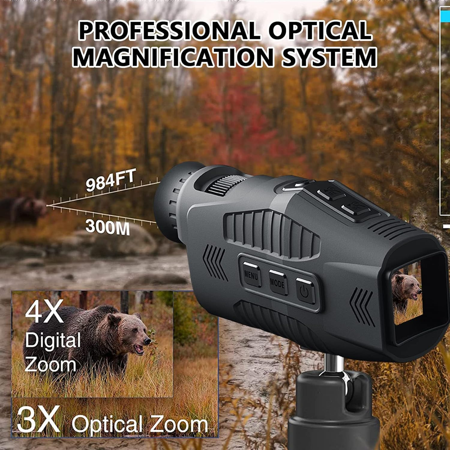 Fernglas mit Zoom und Bärenbild. Professionelles optisches Vergrößerungssystem.