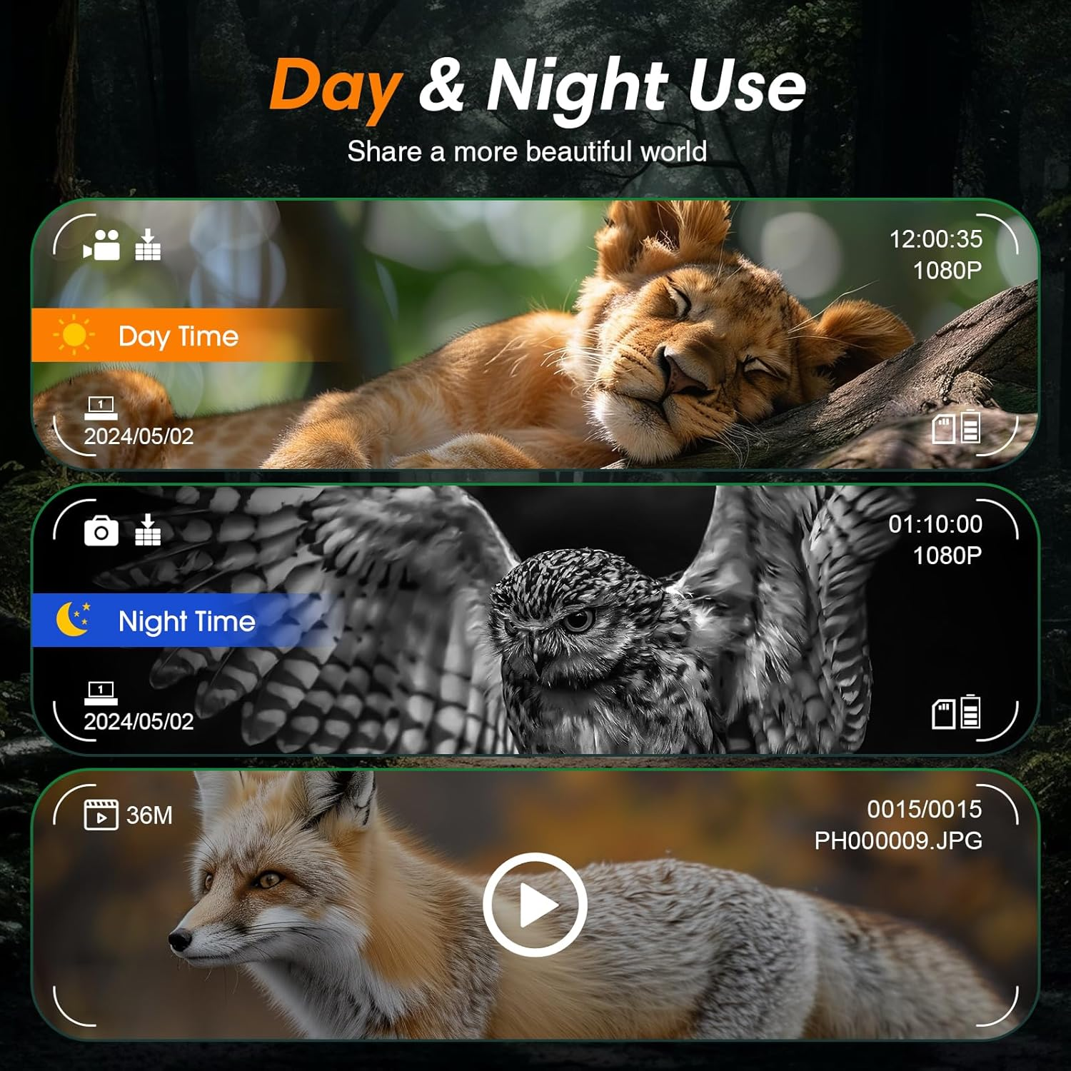 Collage aus Tiermaterial: schlafendes Löwenbaby (Tag), Eule (Nacht) und Fuchs (Video).