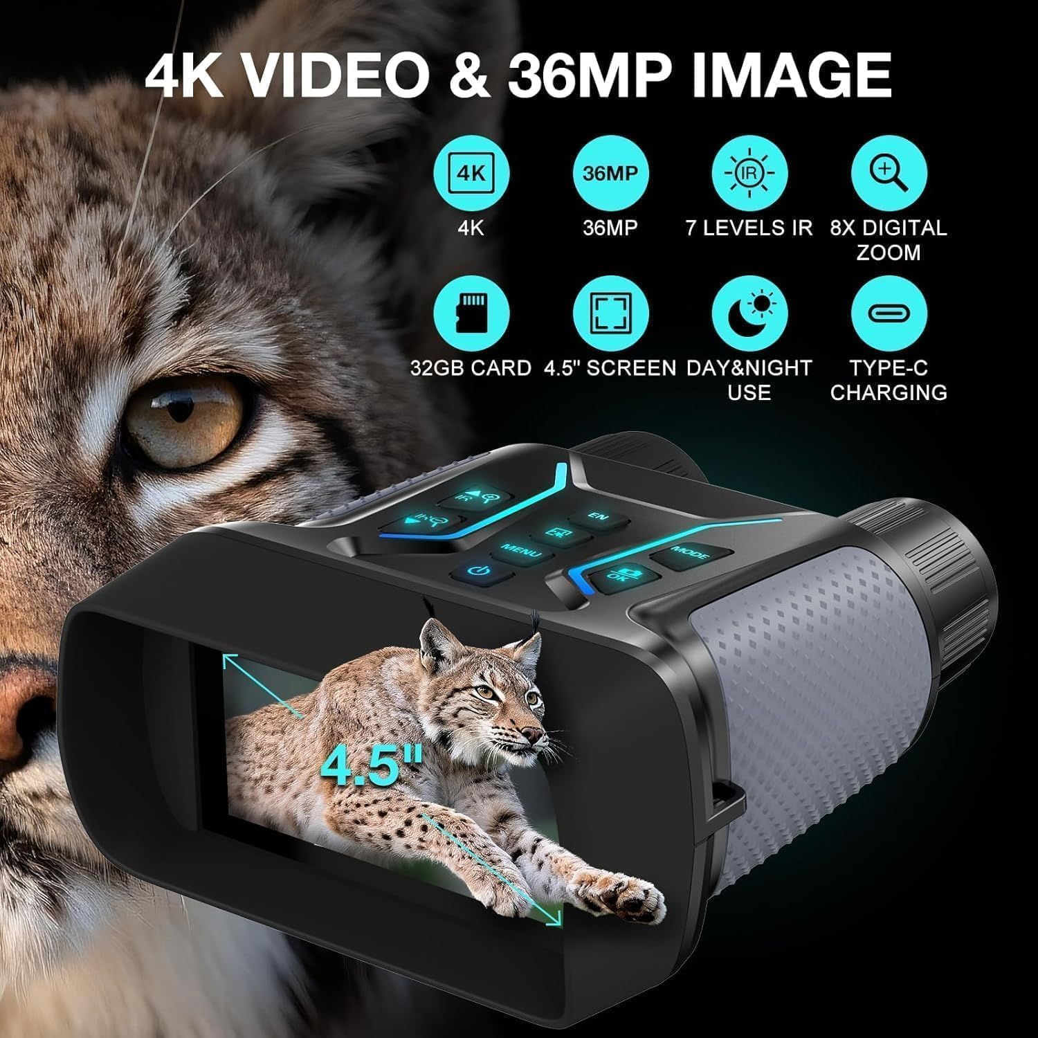 Fernglas mit 4K-Video, 36MP-Bild, 4,5-Zoll-Bildschirm, 8x Zoom.