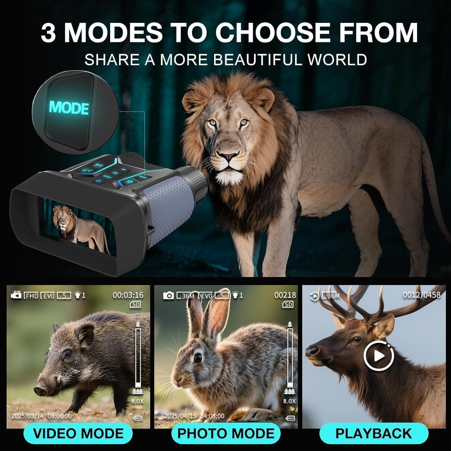 Ein digitales Fernglas mit drei Modi: Video, Foto und Wiedergabe. Zeigt Löwe, Wildschwein, Kaninchen und Hirsch.