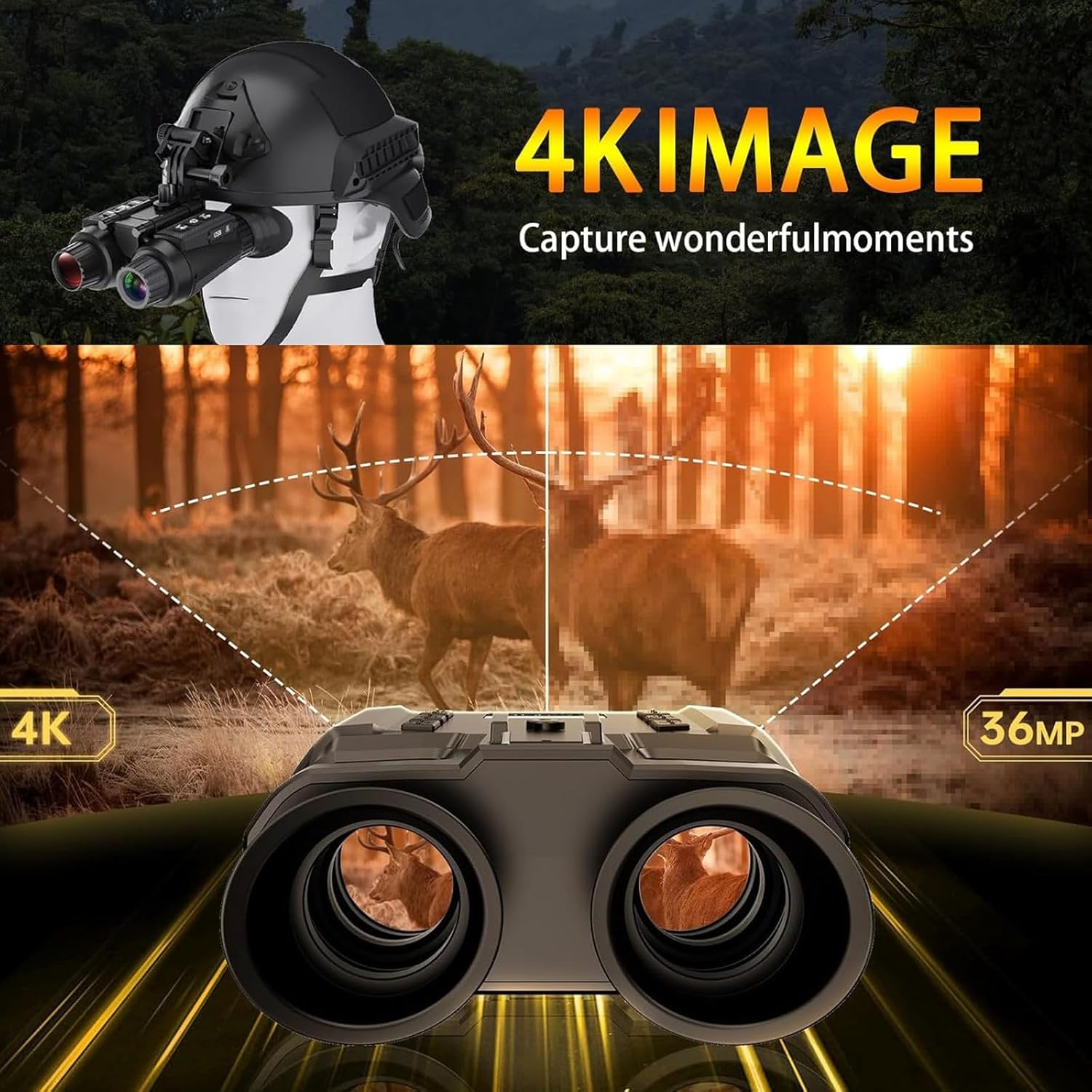Ein Helm mit Nachtsichtbrille und Fernglas vor einem Wald und Rehen.