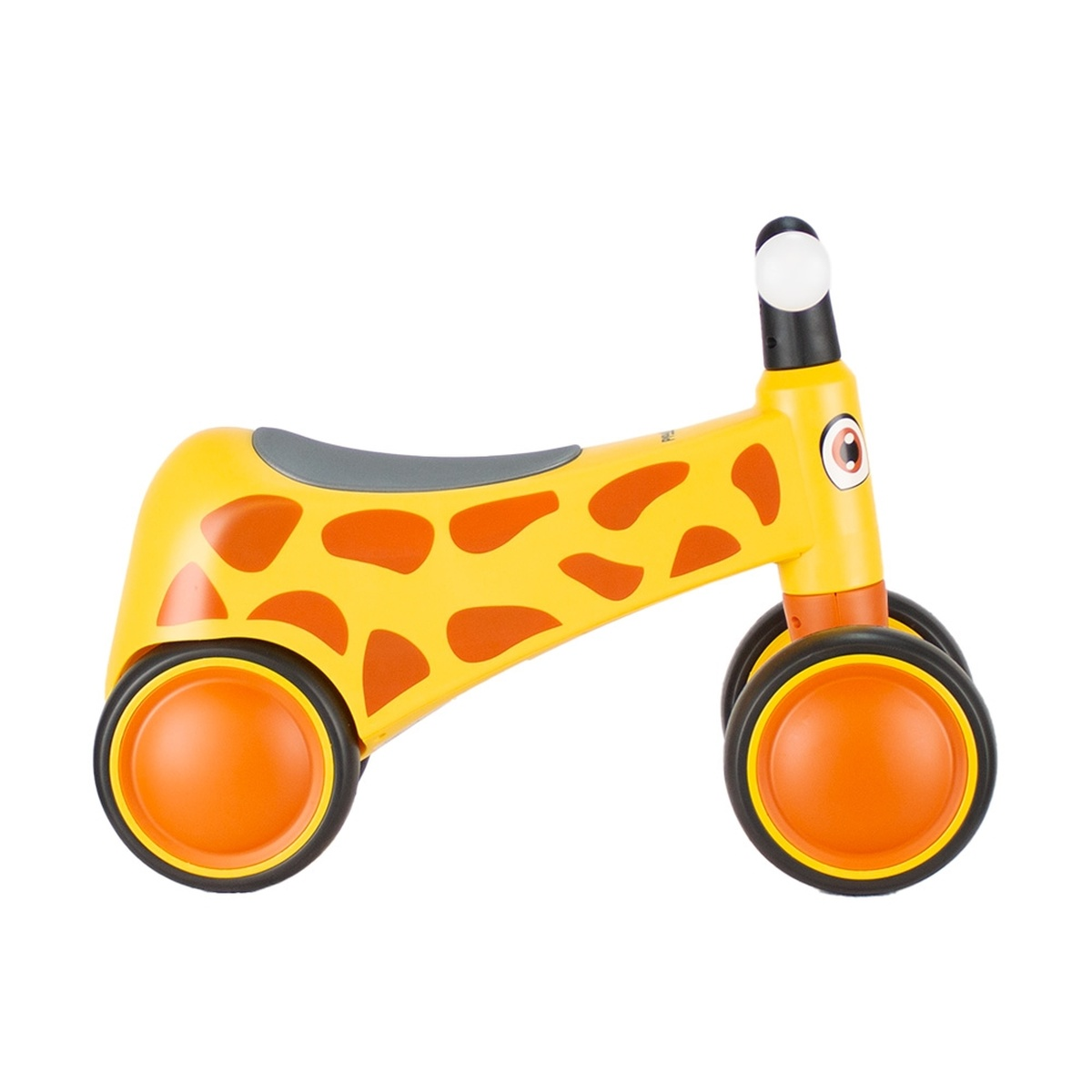 Gelbes Laufrad im Giraffen-Design mit orangen Flecken, grauem Sitz und orangefarbenen Rädern.