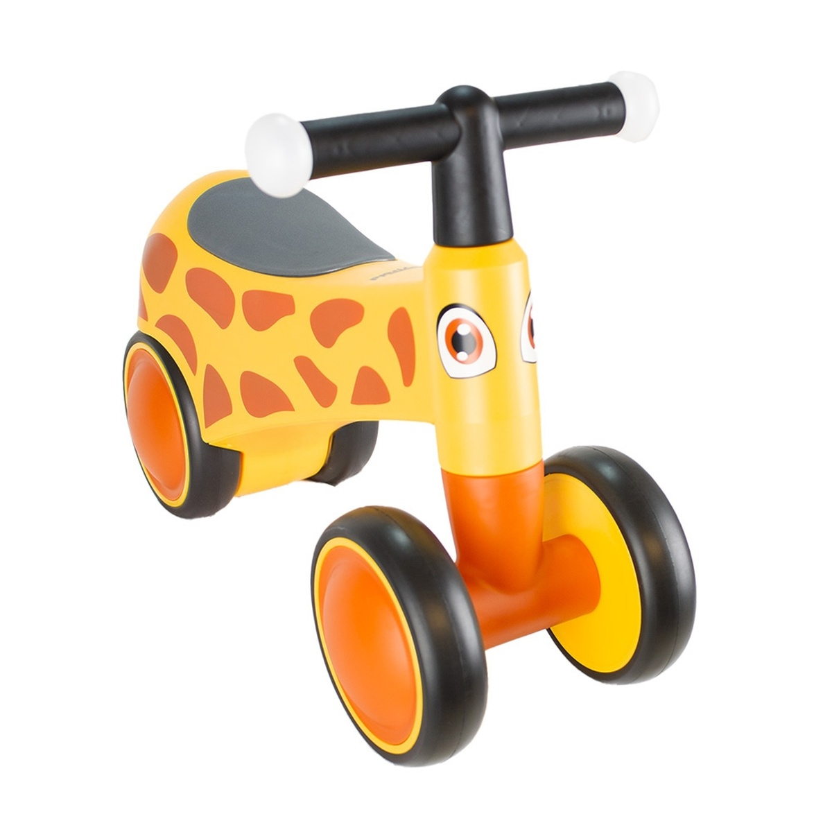Ein gelber Lauflernroller in Giraffenform mit orangefarbenen Flecken.