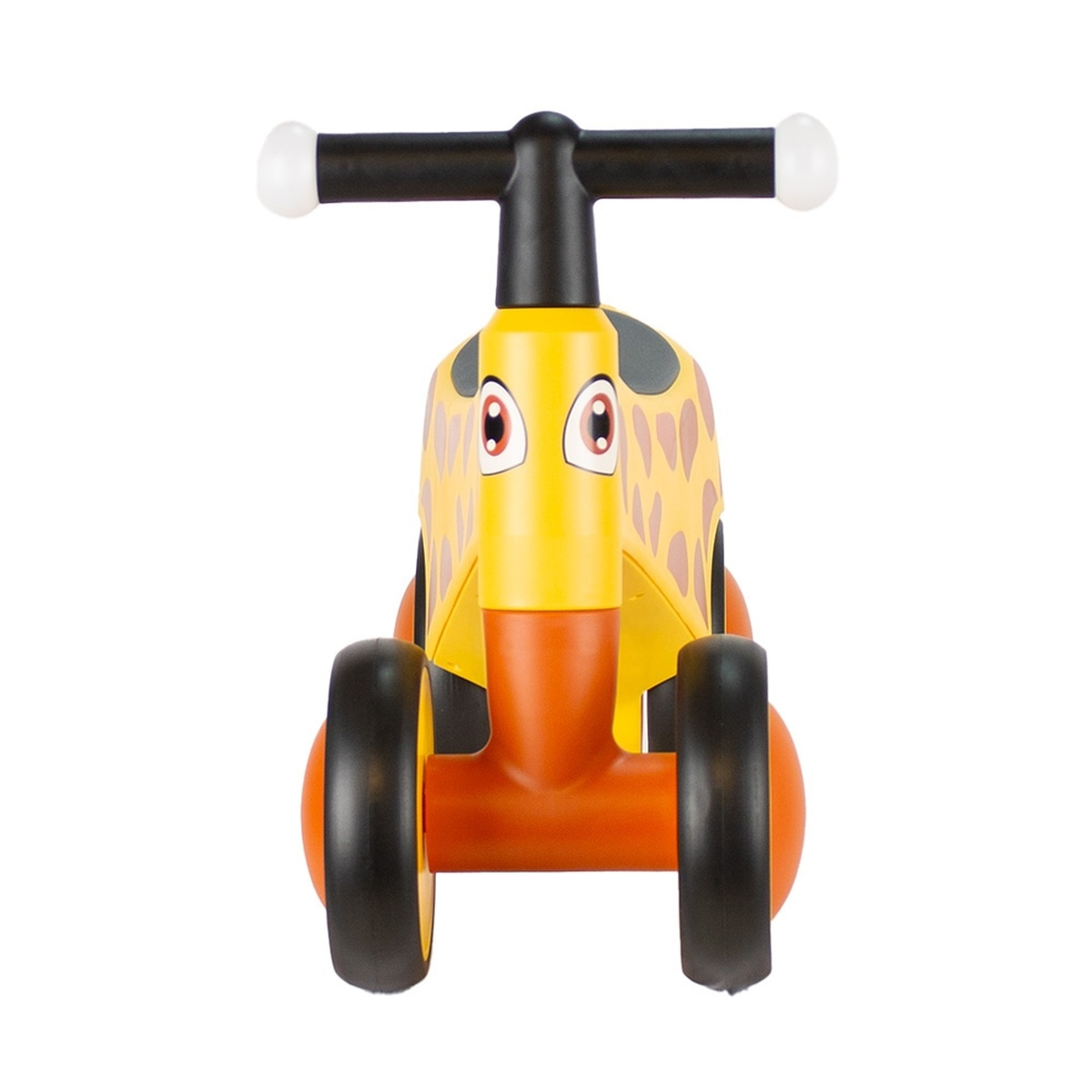 Ein gelbes Spielzeugauto mit Giraffenmuster und freundlichem Gesicht.