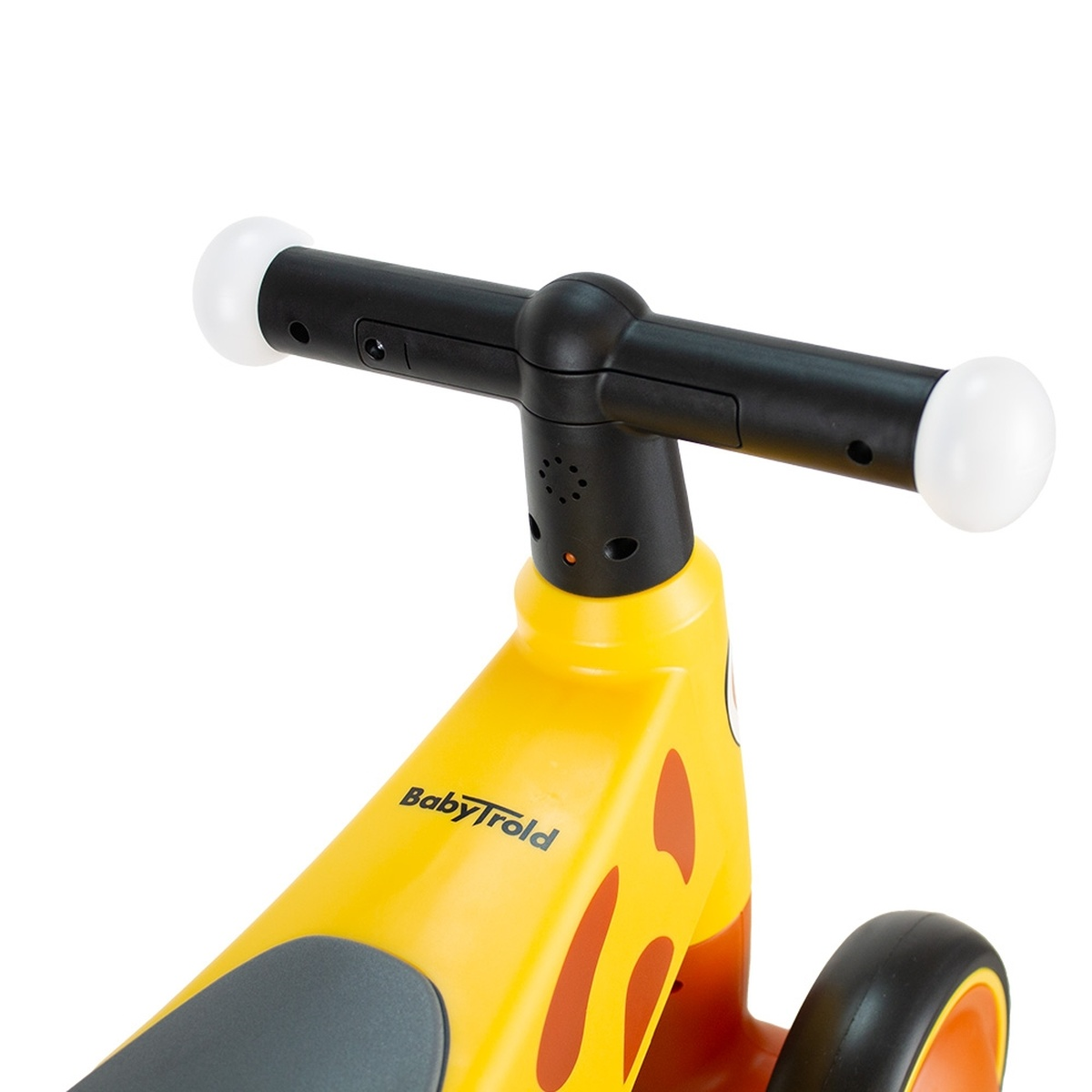 Gelber Lauflernroller mit schwarzen Griffen und weißen Endkappen. Giraffenmuster.
