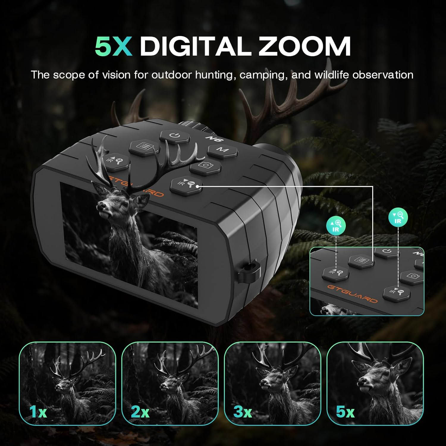 Ein digitales Zoom-Fernglas zeigt vier Vergrößerungen eines Hirsches in einer Waldlandschaft.
