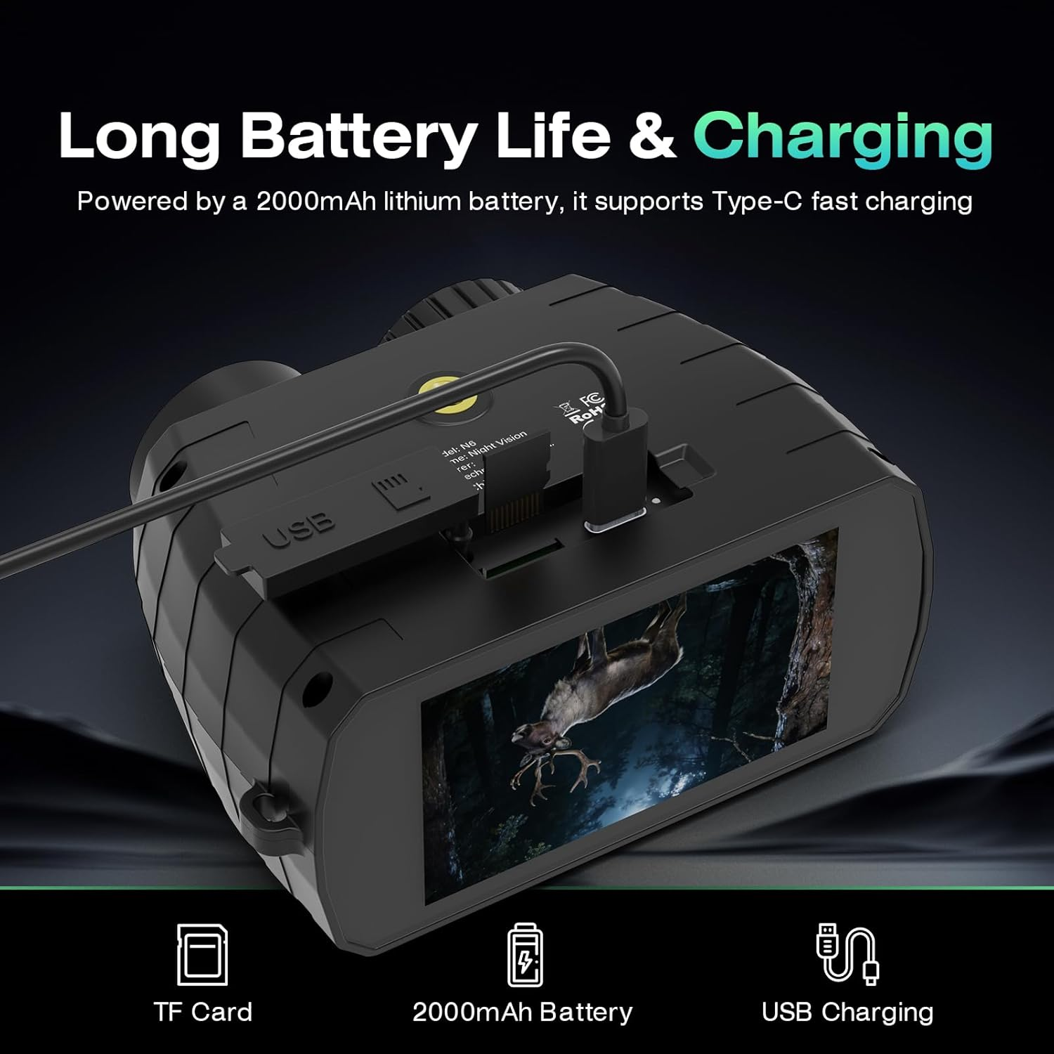 Ein Nachtsichtgerät mit USB-C-Ladeanschluss, TF-Kartensteckplatz und 2000-mAh-Akku.