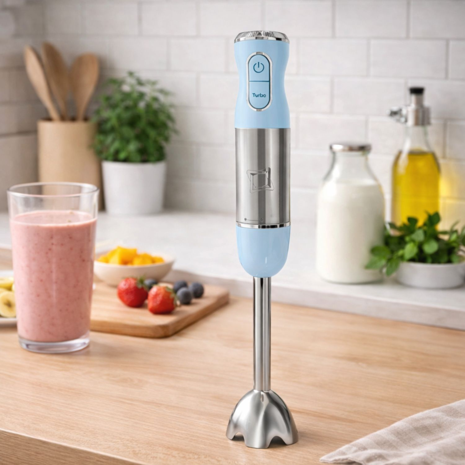 Un frullatore a immersione azzurro si trova su un bancone di legno accanto a un bicchiere di frullato e frutta.