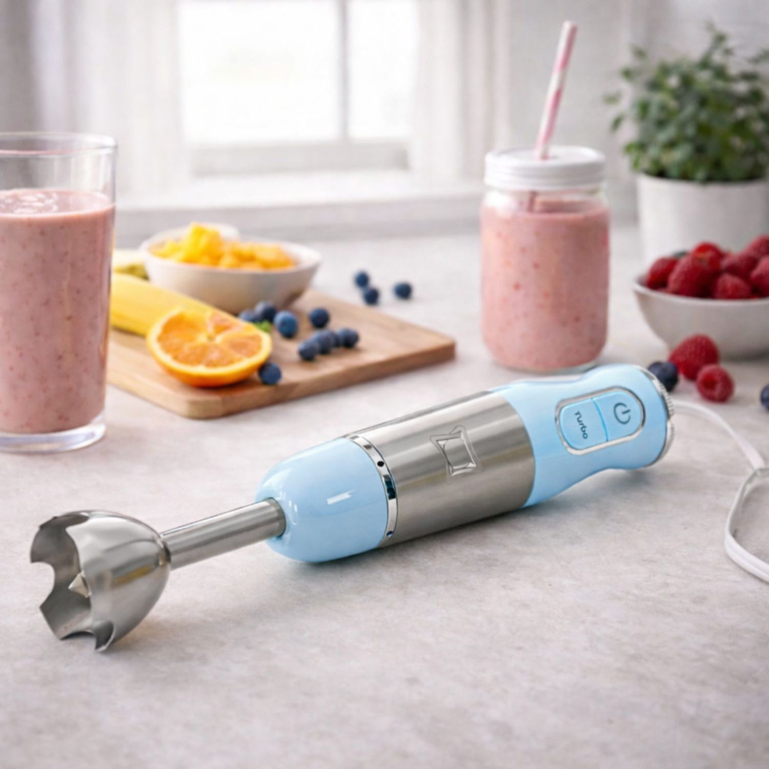 Un frullatore a immersione azzurro riposa su un piano di lavoro con frutta e frullati.