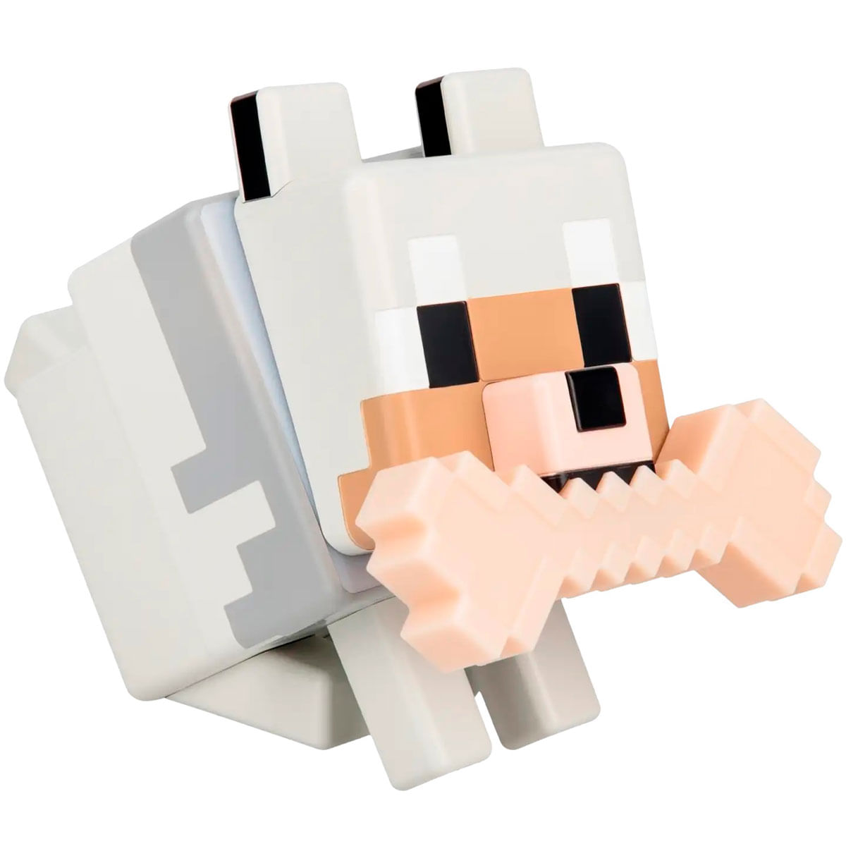 Ein Minecraft-Hund mit einem Knochen im Maul auf weißem Hintergrund.